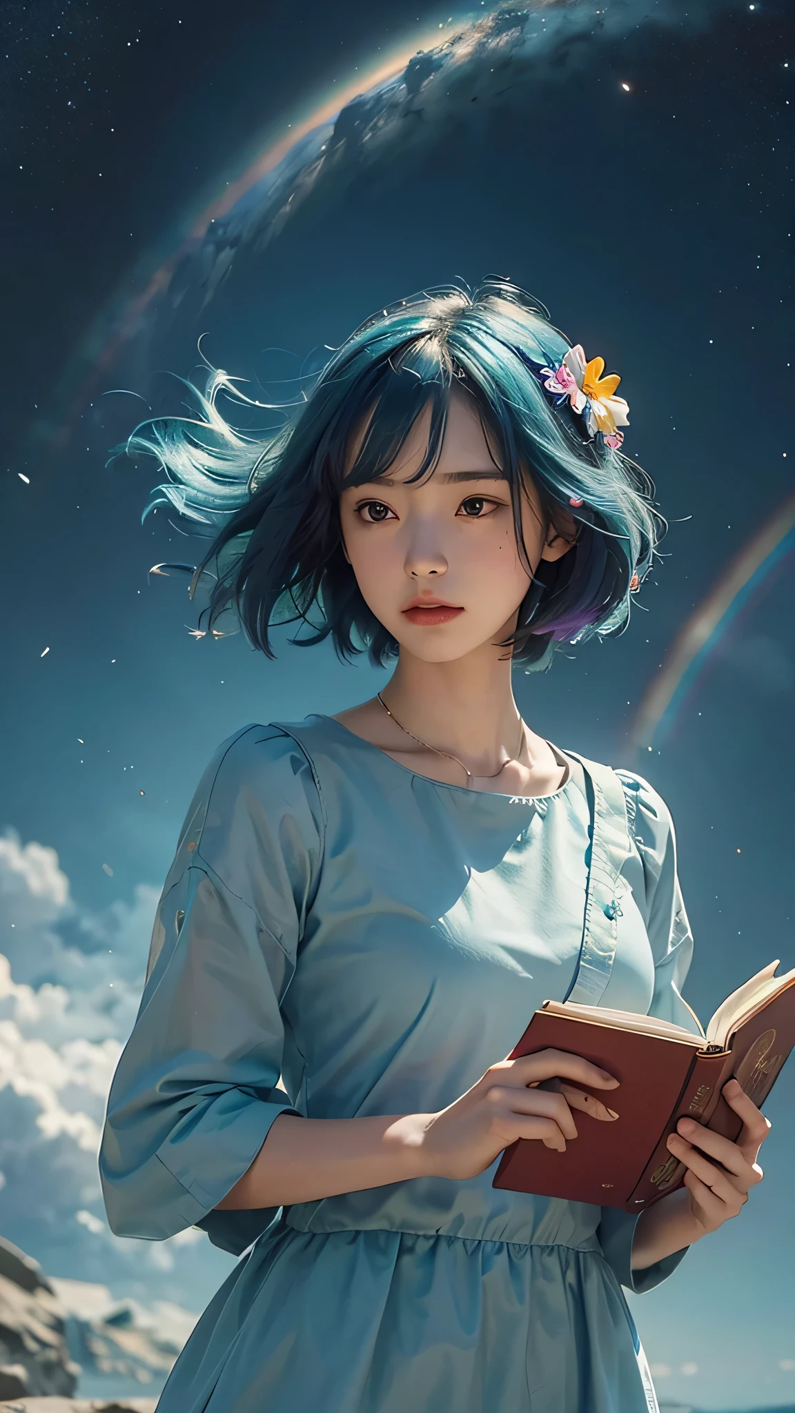 (best quality, masterpiece), 1girl, reading a book, particle, wind, flower, upper body, simple background, looking at viewer, rainbow colored hair, teal short floating dress, cosmic, nebulas, galaxy