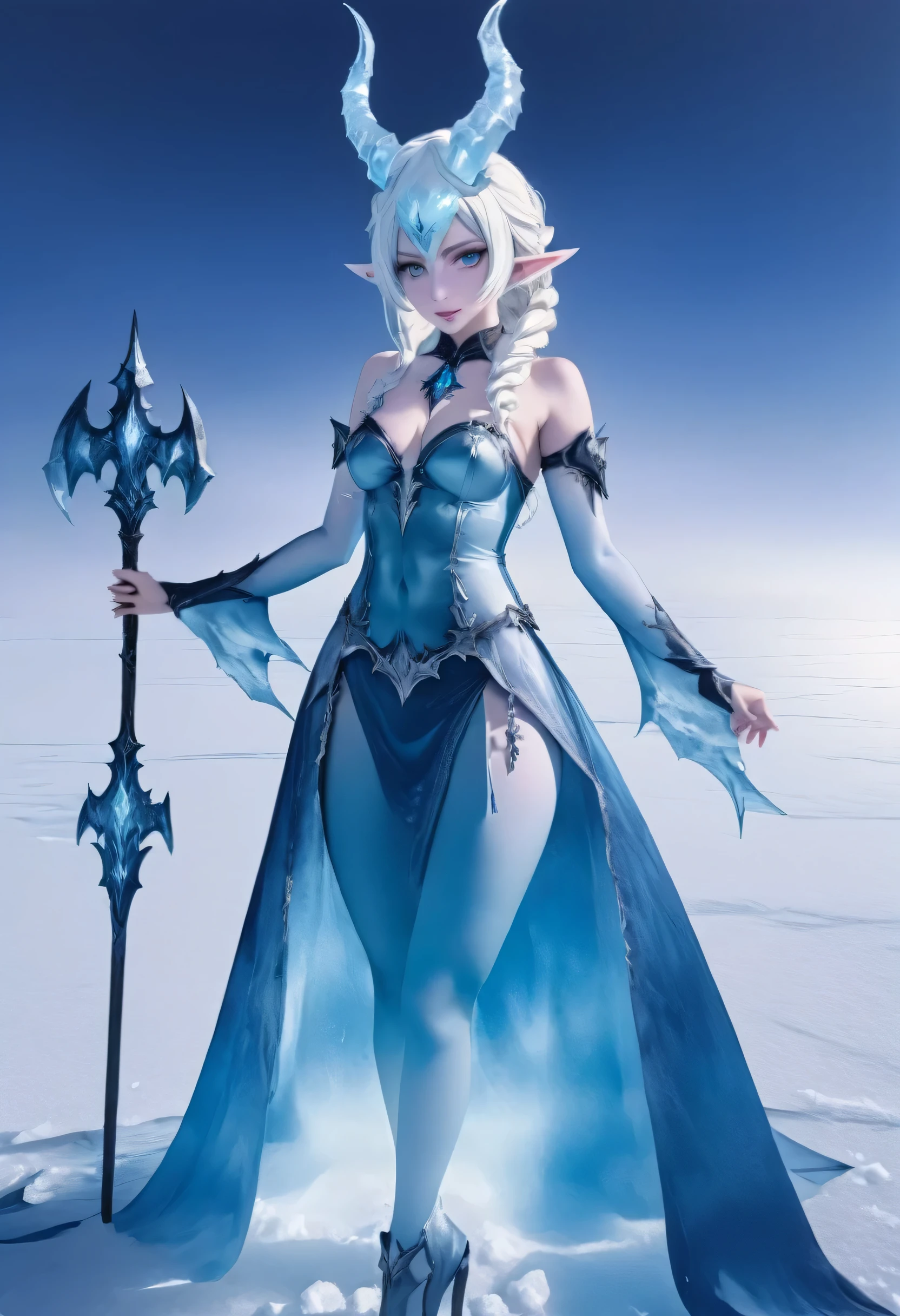 an ice female demon、Standing in the frozen snow field、Witch wearing pale armor, ((sexy costume:1)), SEXY female devil,