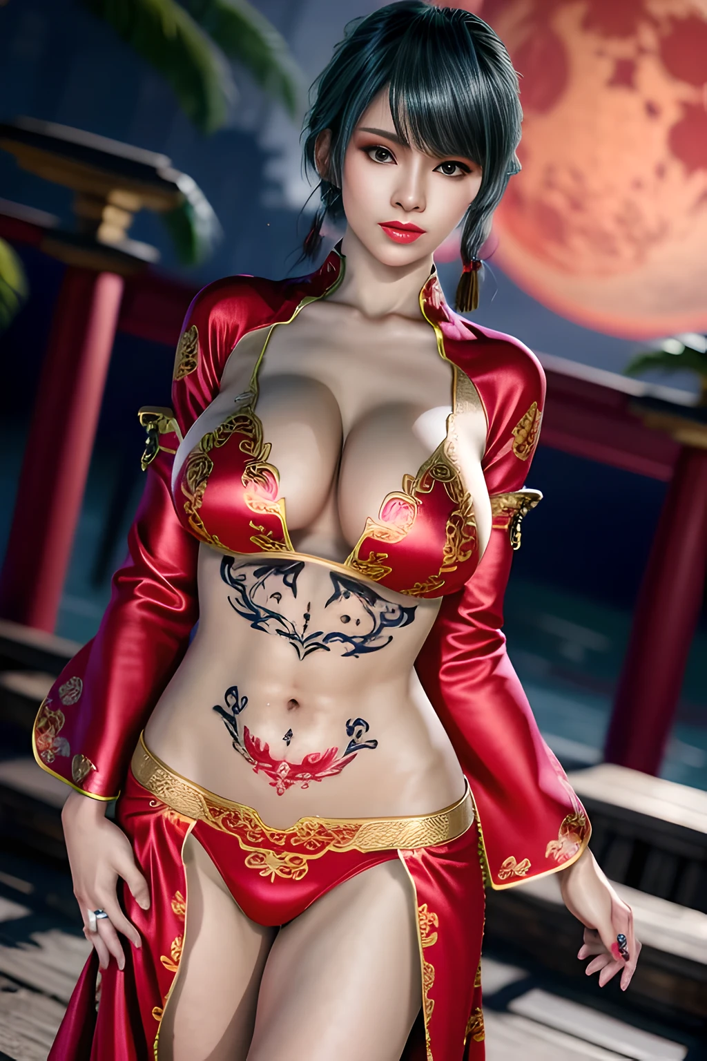 1 girl,standing posture,Dancing sleeves,nighttime,RED moon,(( ancient Hanfu)),gem tassel,( huge breasts),cleavage,shiny skin, red lips,( tattoos:1.3), masterpiece, best quality, realistic ,Rich artistic colors, 8K,Portrait art,solo, tamaki