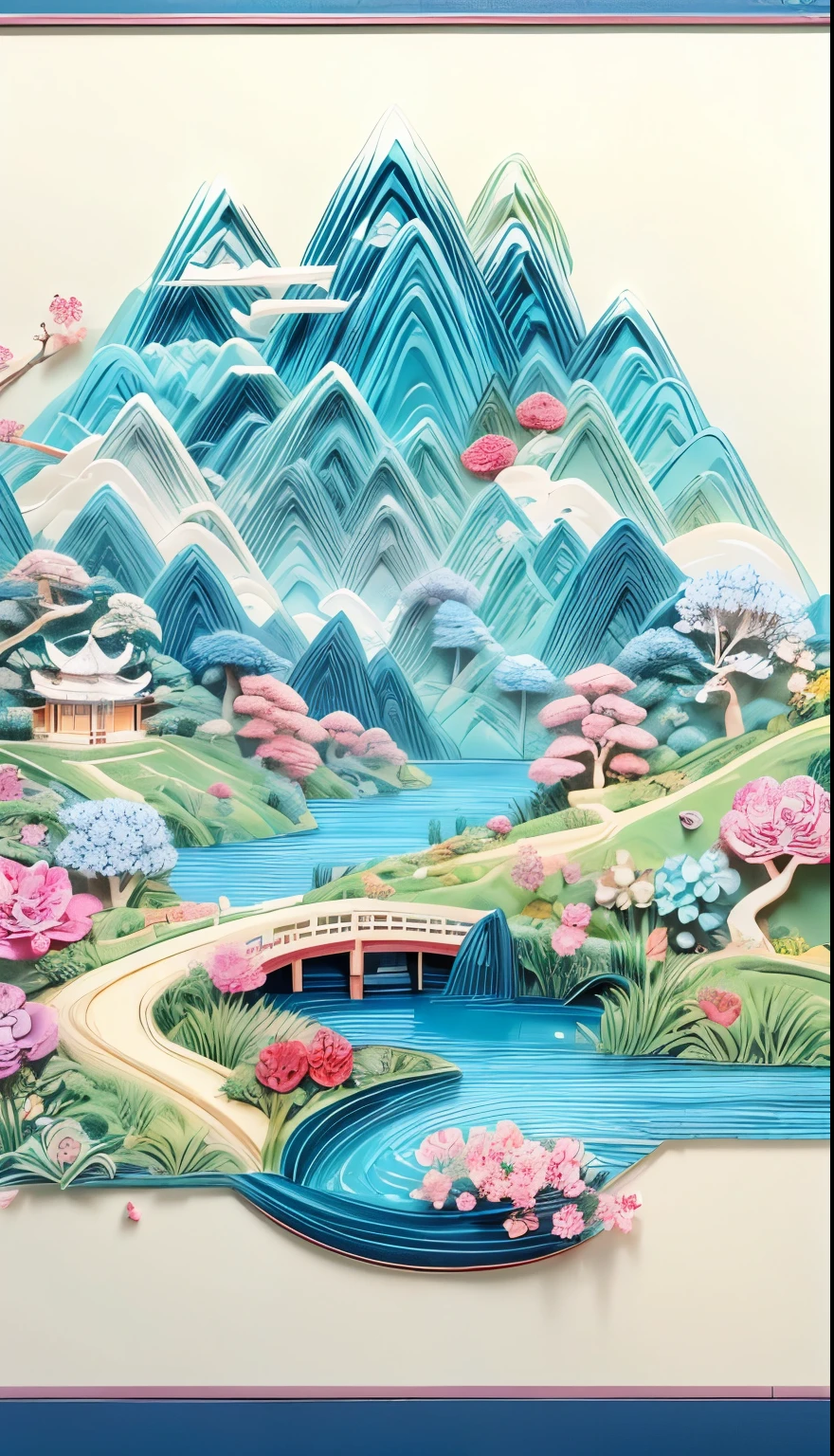 (White background), (The art of math)， (Oriental elements, Chinese color, Advanced color matching),  (3D sculpture，Rendered by Octane，Volumetric light，natural soft light), (Super exquisite:1.2, Loss of focus:1.2, Very Colorful, movie lighting, chiaroscuro,Ray tracing), Mountain, river, Tree,flower