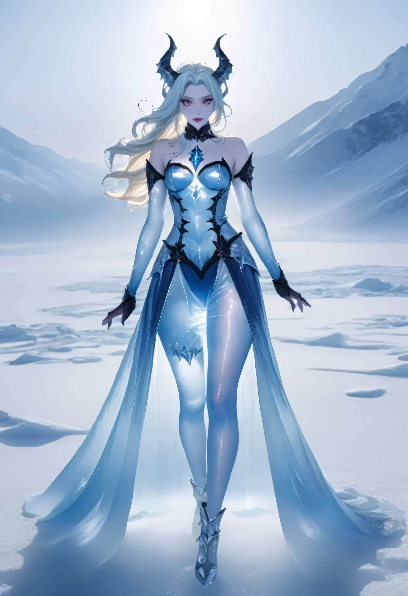 an ice female demon、Standing in the frozen snow field、Witch wearing pale armor, ((sexy costume:1)), SEXY female devil,