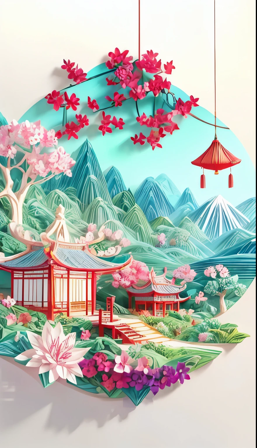 (White background), (The art of math)， (Oriental elements, Chinese color, Advanced color matching),  (3D sculpture，Rendered by Octane，Volumetric light，natural soft light), (Super exquisite:1.2, Loss of focus:1.2, Very Colorful, movie lighting, chiaroscuro,Ray tracing), Mountain, river, Tree,flower