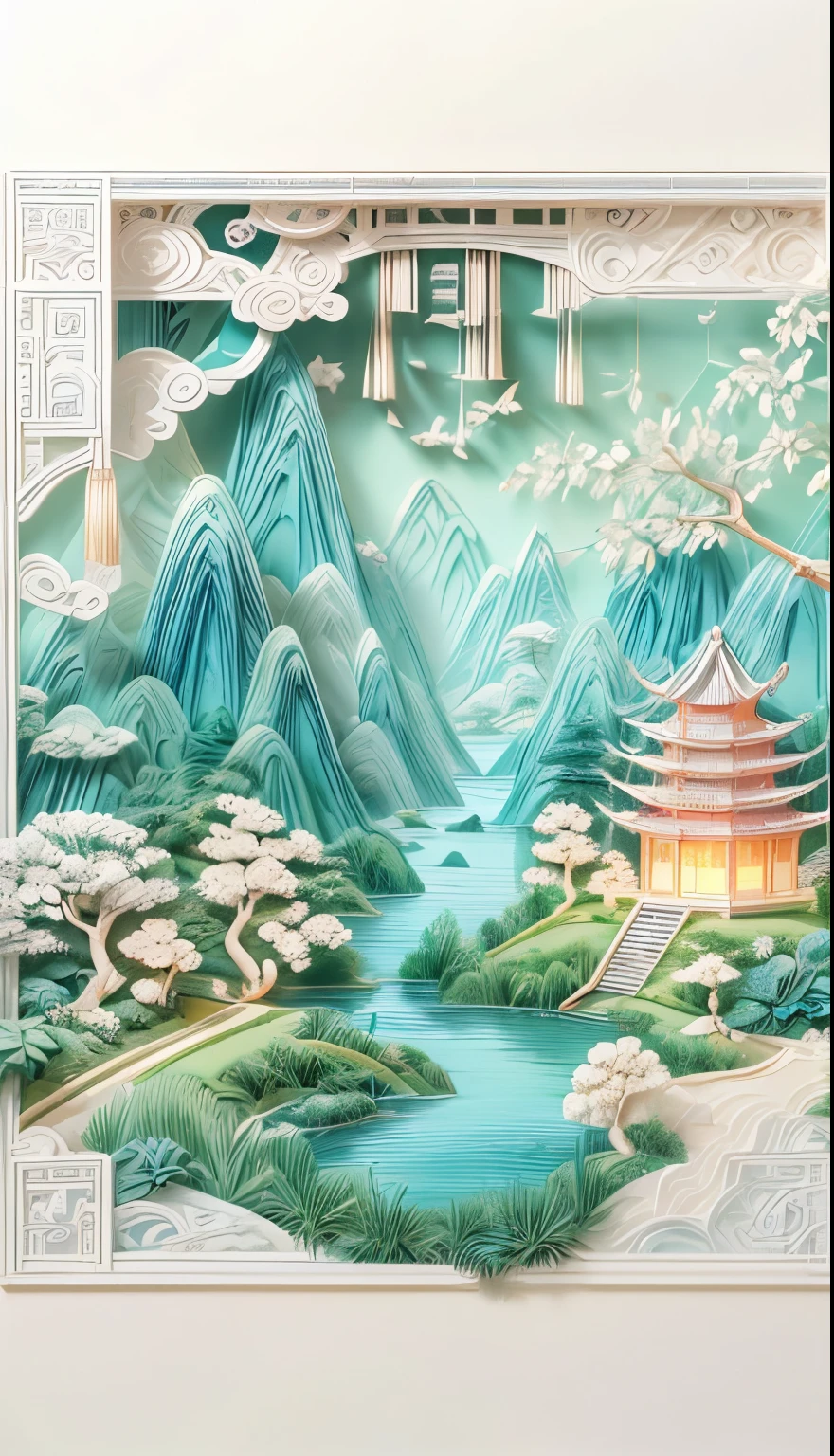 (White background), (The art of math)， (Oriental elements, Chinese color, Advanced color matching),  (3D sculpture，Rendered by Octane，Volumetric light，natural soft light), (Super exquisite:1.2, Loss of focus:1.2, Very Colorful, movie lighting, chiaroscuro,Ray tracing), Mountain, river, Tree,flower