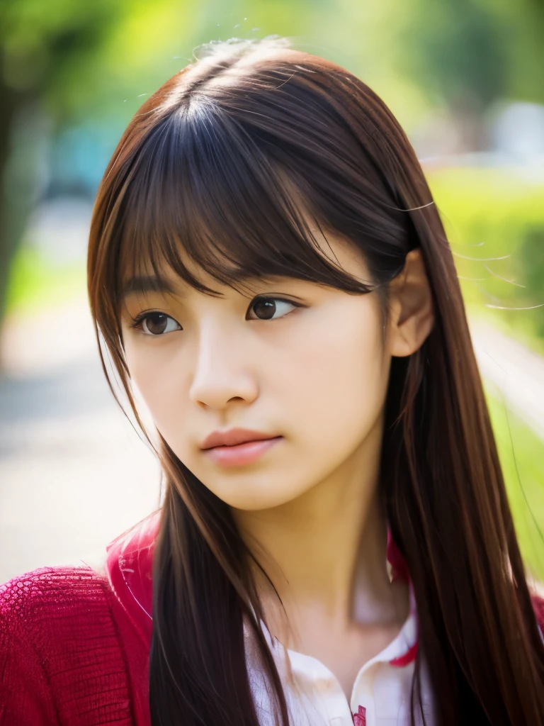 realistic pictures、4K high quality、Reiyo Matsumoto、17 year old young Japanese woman、beautiful girl、long straight hair、With bangs、glossy lips、Pitiful、clear、魅力的でPitifulな美しい少女、