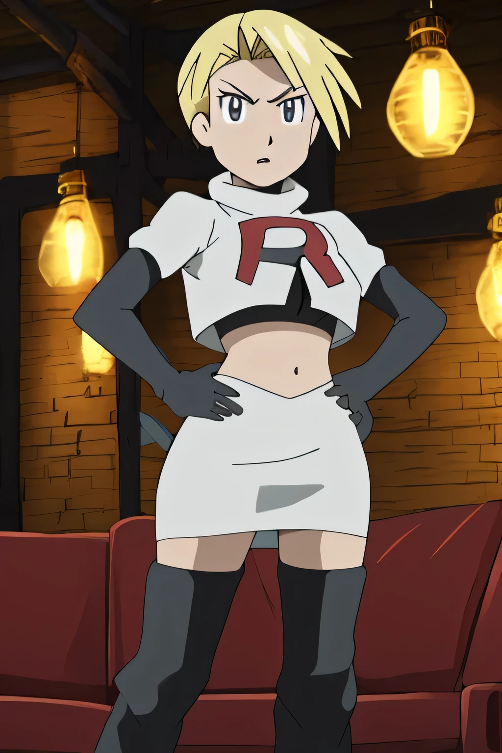 1girl in, (Solo:1.2), (Perfect body:1.1), (Best Quality:1.1), , very large breast, hands on hip,team rocket uniform, red letter r, white skirt,white crop top,black thigh-high boots, black elbow gloves, glaring angrily, looking at viewer, hands on hips,zettai ryouiki,spread legs, black panties, anime style, vivid colors, sharp focus, intense lighting
