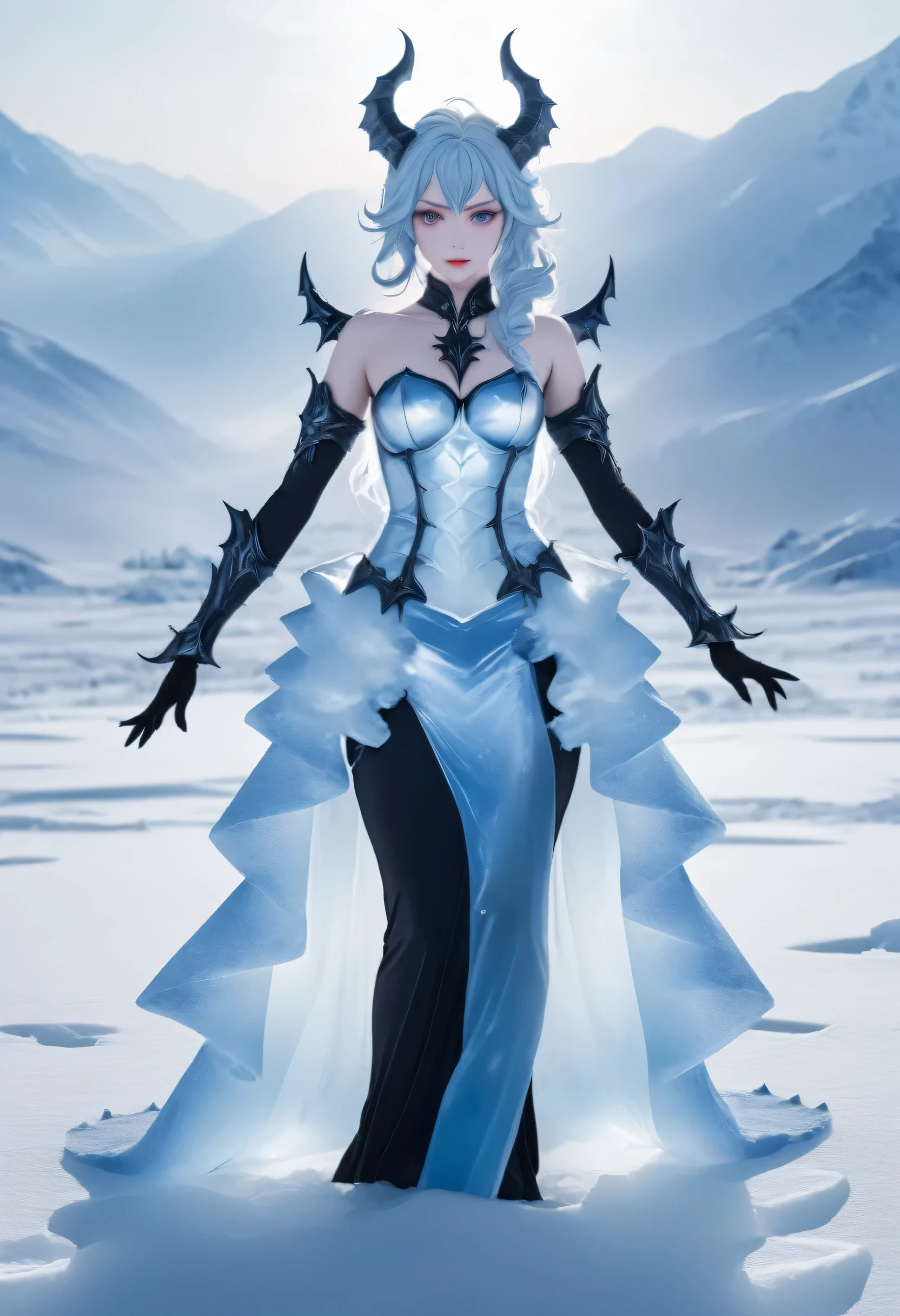 an ice female demon、Standing in the frozen snow field、Witch wearing pale armor, ((sexy costume:1)), SEXY female devil,