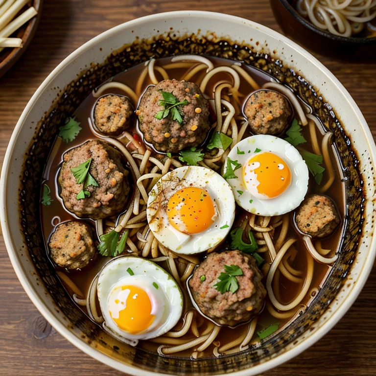 Clos-up: A bowl of noodles and meatballs, just ripe and looks delicious, smoky from food is visible, a noodle restaurant famous for its flavours and warm atmosphere, smoke on top. forks and spoons are neatly arranged, bottles of soy sauce and seasonings look delicious, a bowl of hot noodles with a half-cooked egg on a wooden table, photographed from above,