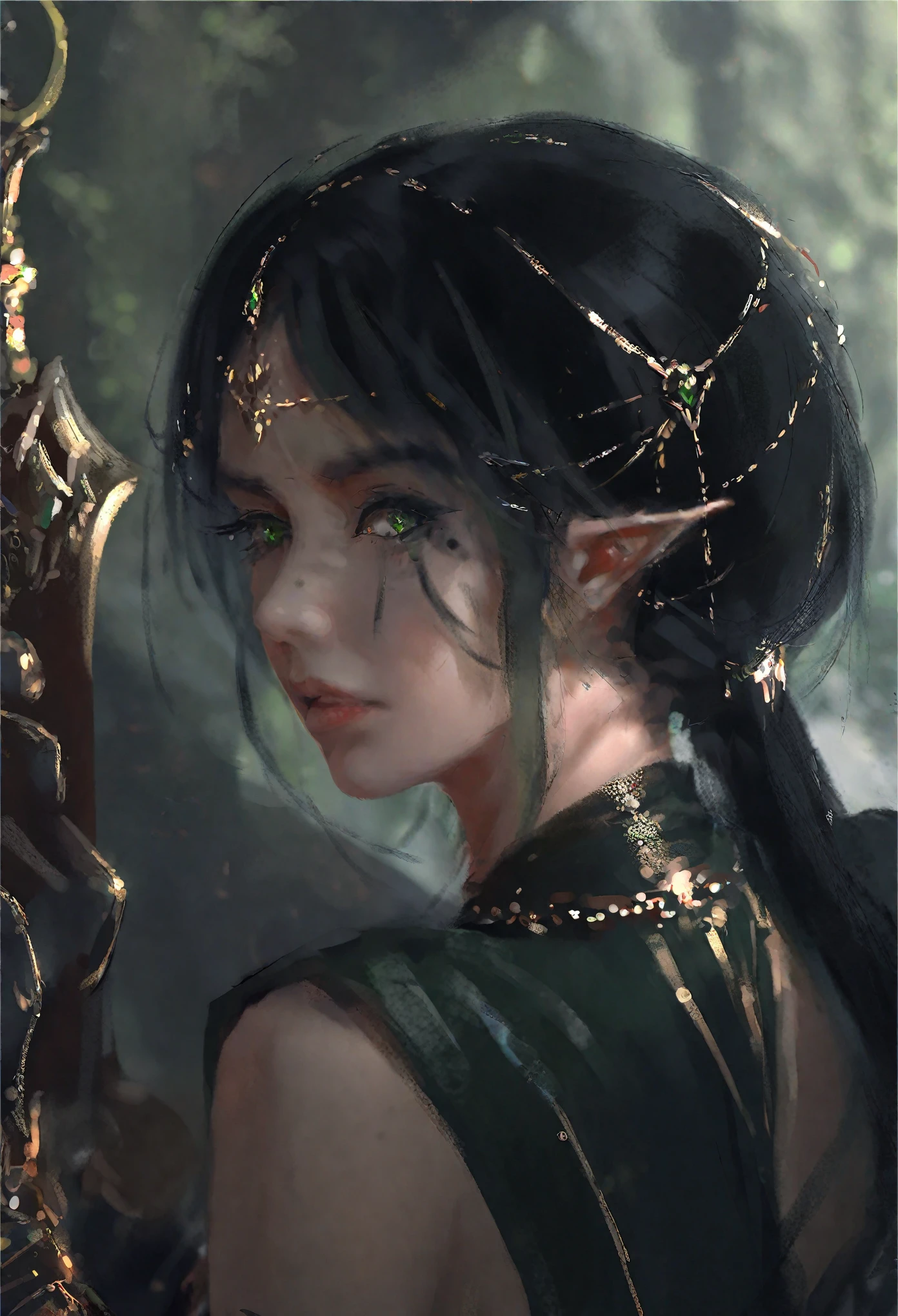 wgz style,portrait of a beautiful women highly detailed,
 black_hair,blurry_foreground, depth_of_field, green_eyes,  looking_at_viewer elf ears