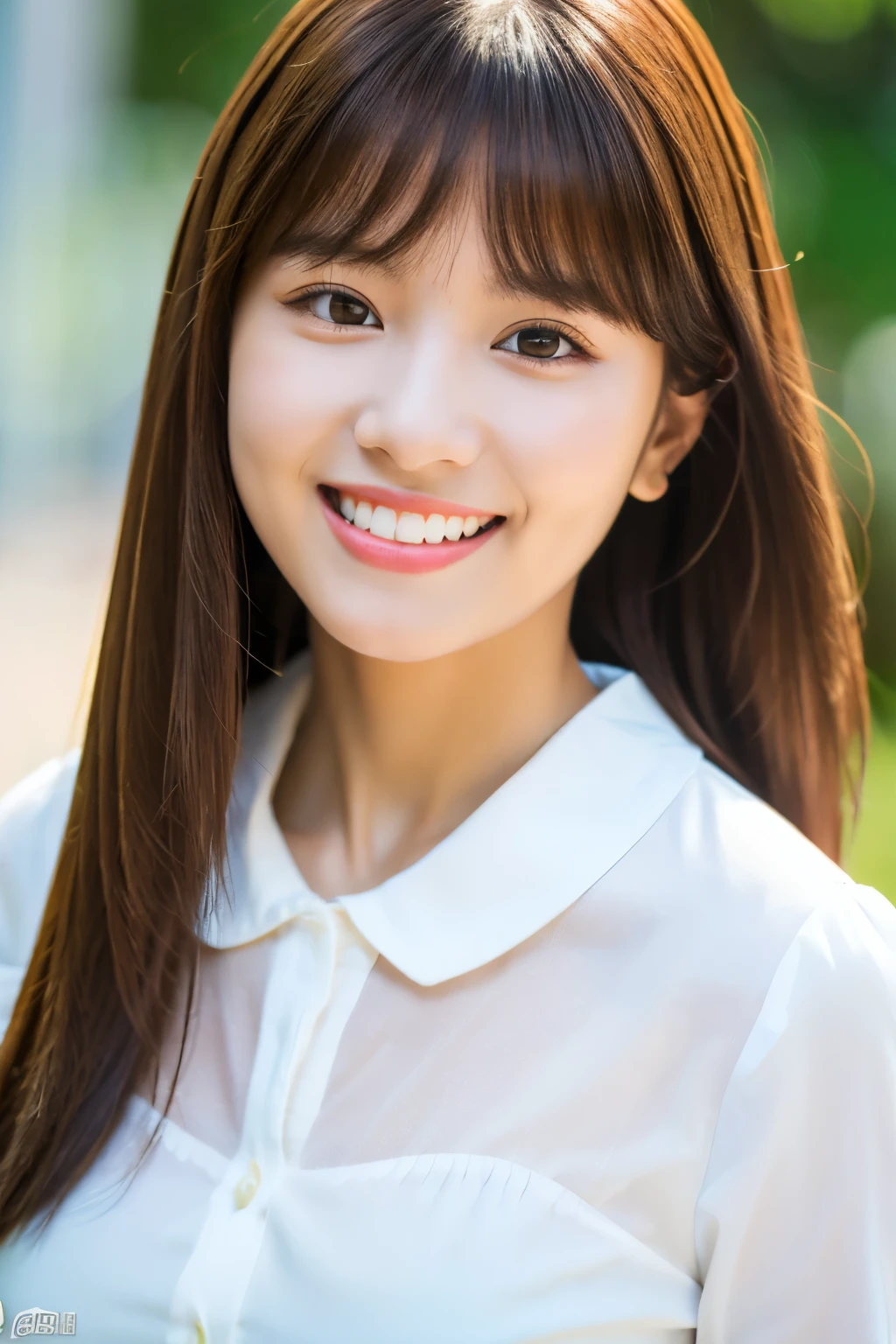 masterpiece , highest quality , Super detailed , 8K , cute woman , 1 girl , blouse , bangs , smile , white teeth , symmetrical eyes
