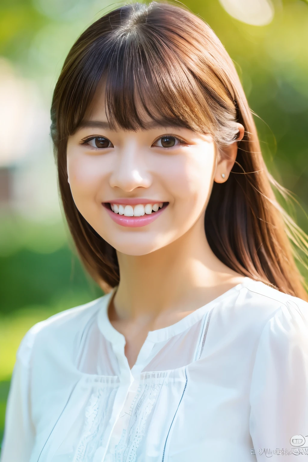 masterpiece , highest quality , Super detailed , 8K , cute woman , 1 girl , blouse , bangs , smile , white teeth , symmetrical eyes