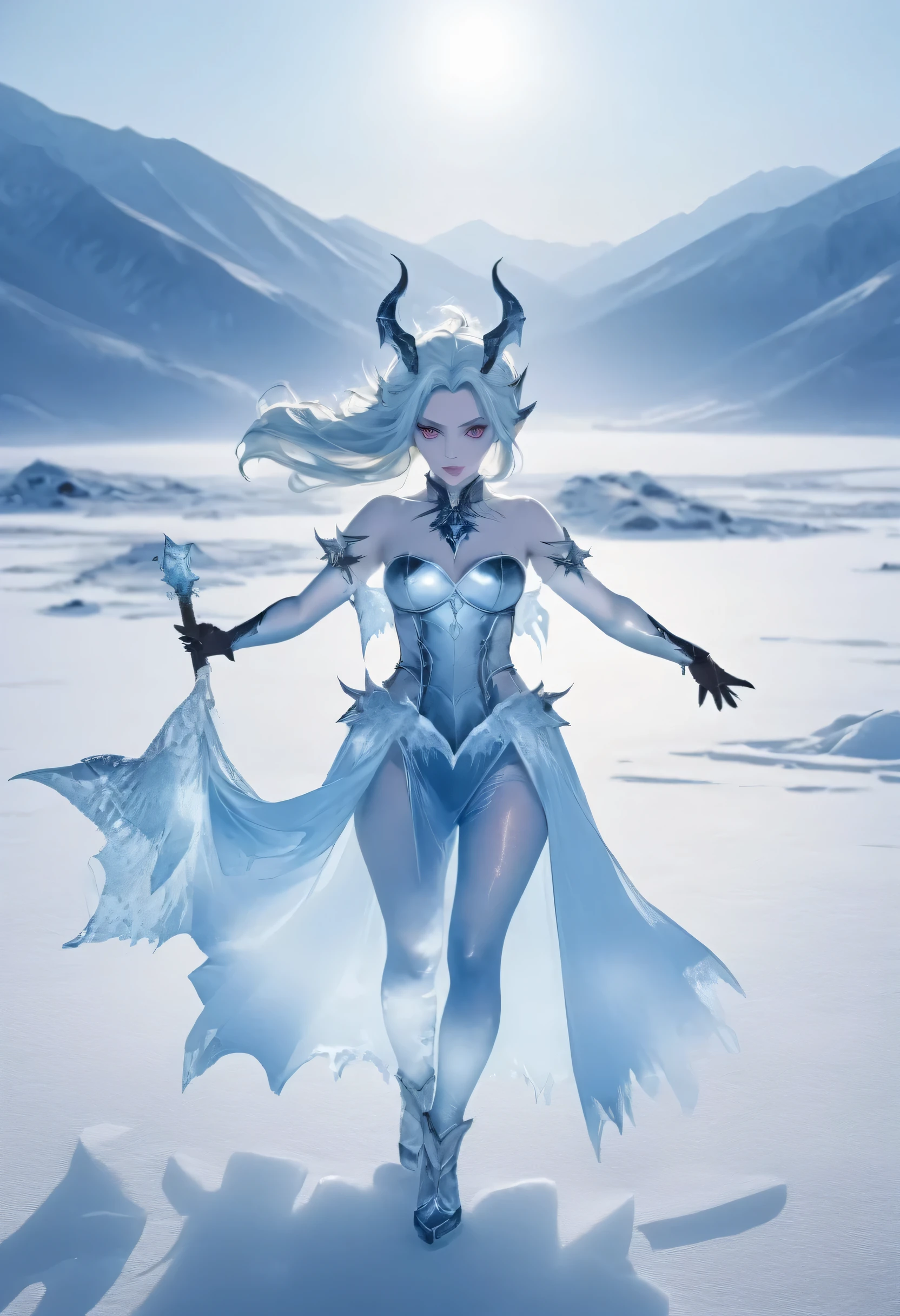 an ice female demon、Standing in the frozen snow field、Witch wearing pale armor, ((sexy costume:1)), SEXY female devil,