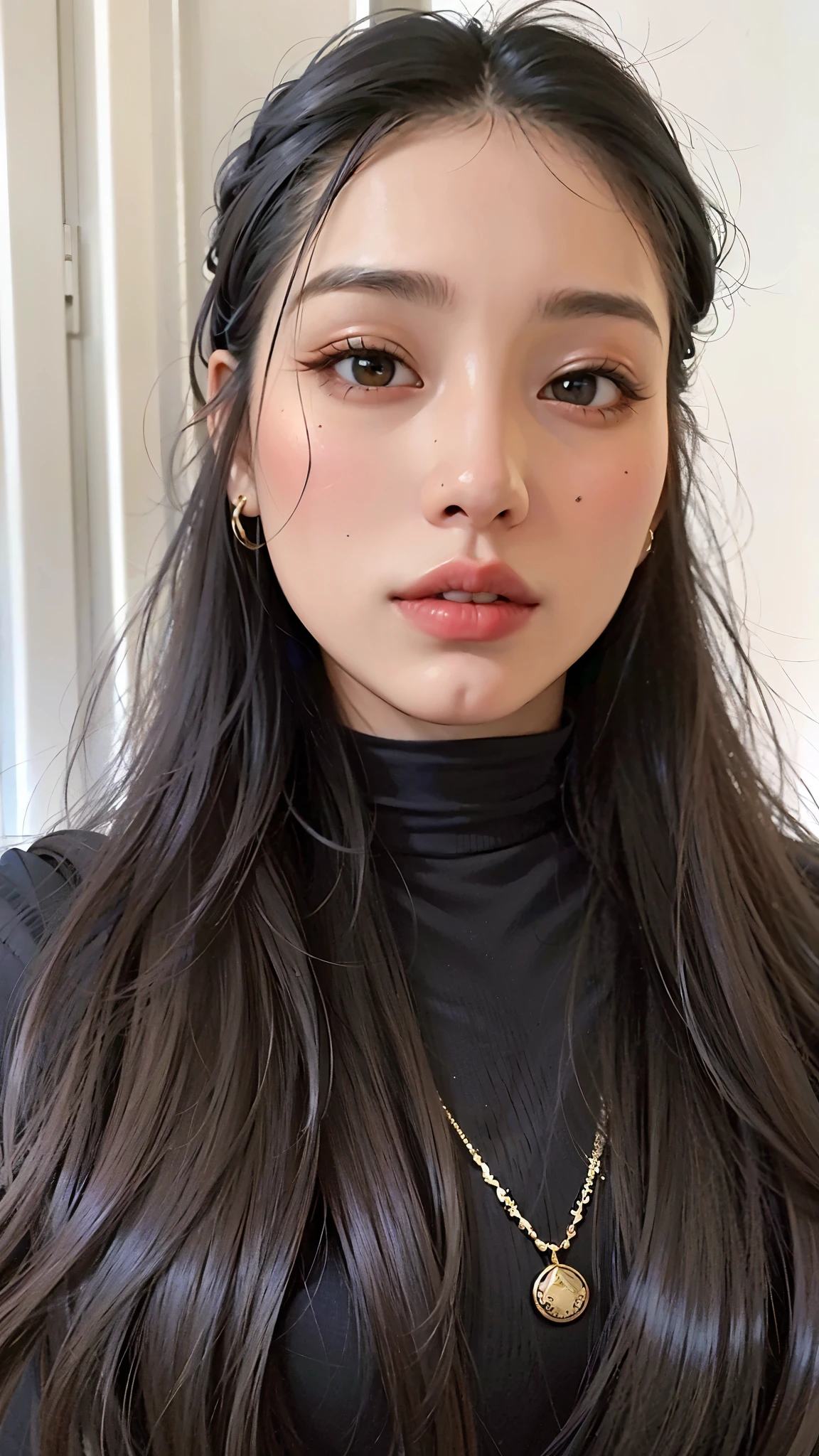 there is a woman with long black hair and a necklace, cabelos pretos e olhos grandes, lindo rosto latino, 18 anos, garota persa de pele clara, thick lips, Violeta Myers, Parece Fabiula Nascimento, imagem de perfil, lorde, mulher com longos cabelos pretos, 1 6 anos, cabelo preto ondulado, pele de azeitona