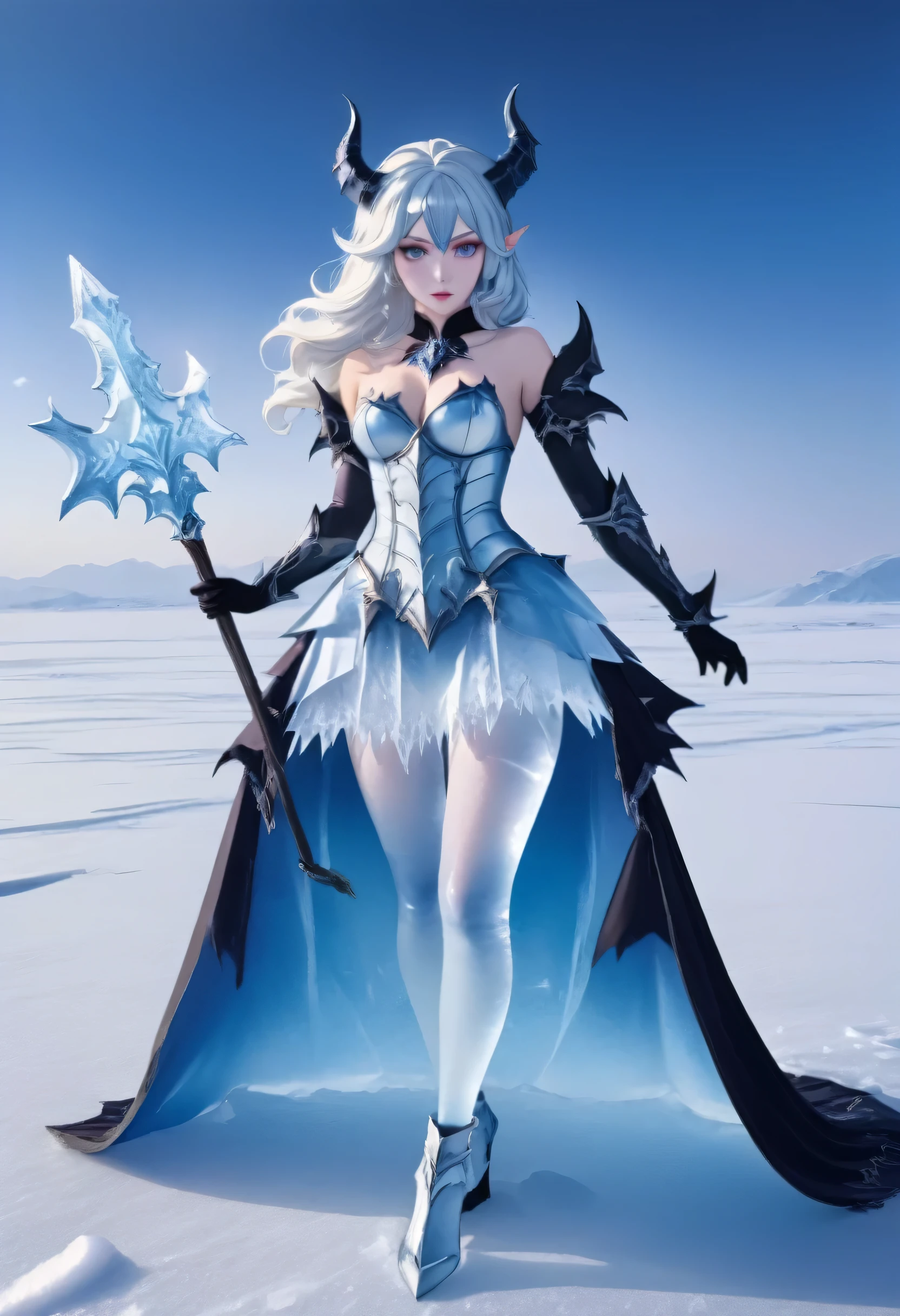 an ice female demon、Standing in the frozen snow field、Witch wearing pale armor, ((sexy costume:1)), SEXY female devil,