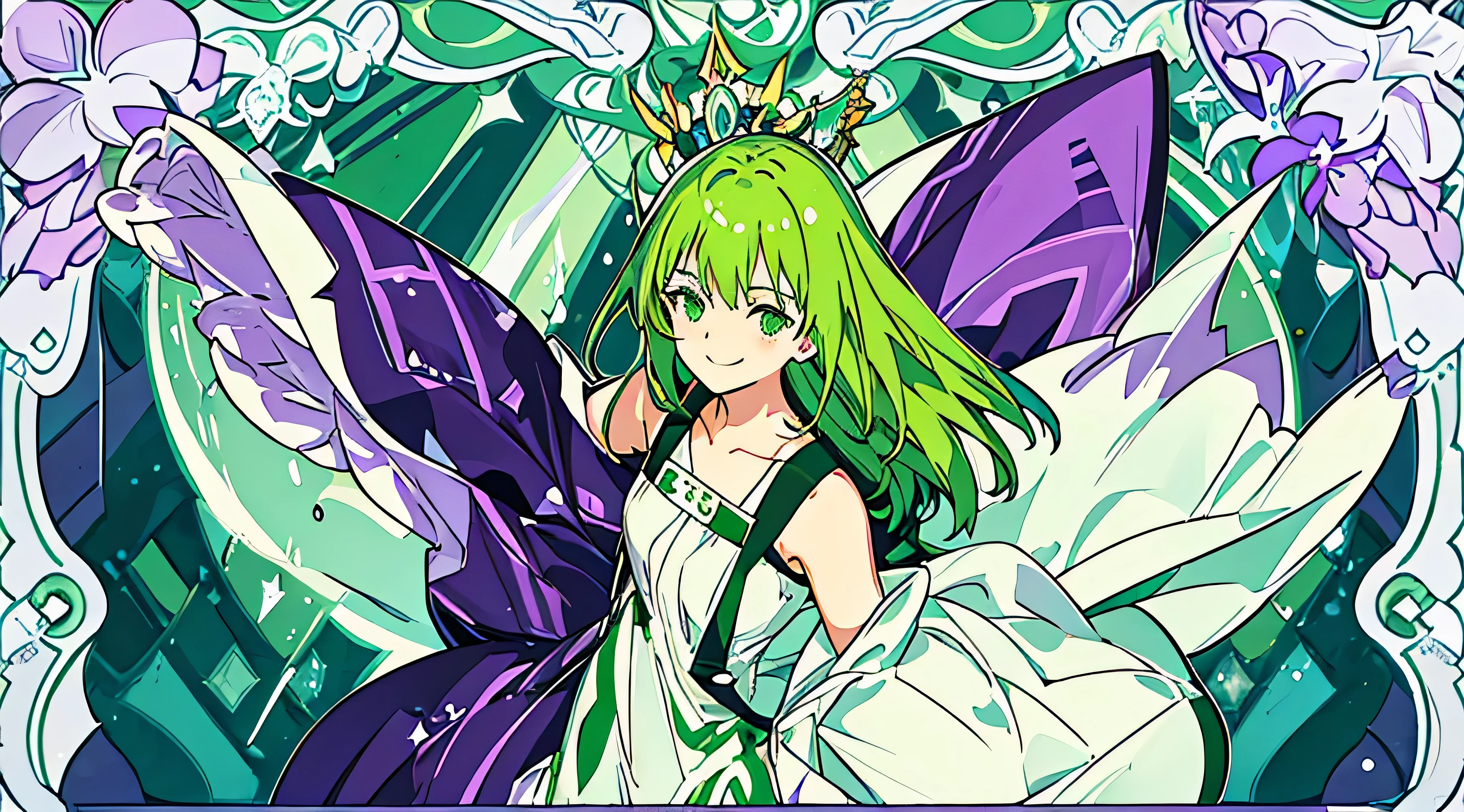 Anime harpy girl with big pink wings instead of hands, long lilac hair, big green eyes, pink hair, pink tuft, golden tiara on her head, green dress, legs covered with pink fur, smiling, cute, joyful look, beautiful, against the background of a tree house, beautiful colors, saturated colors, beautiful shader rear light, 4k, 3d