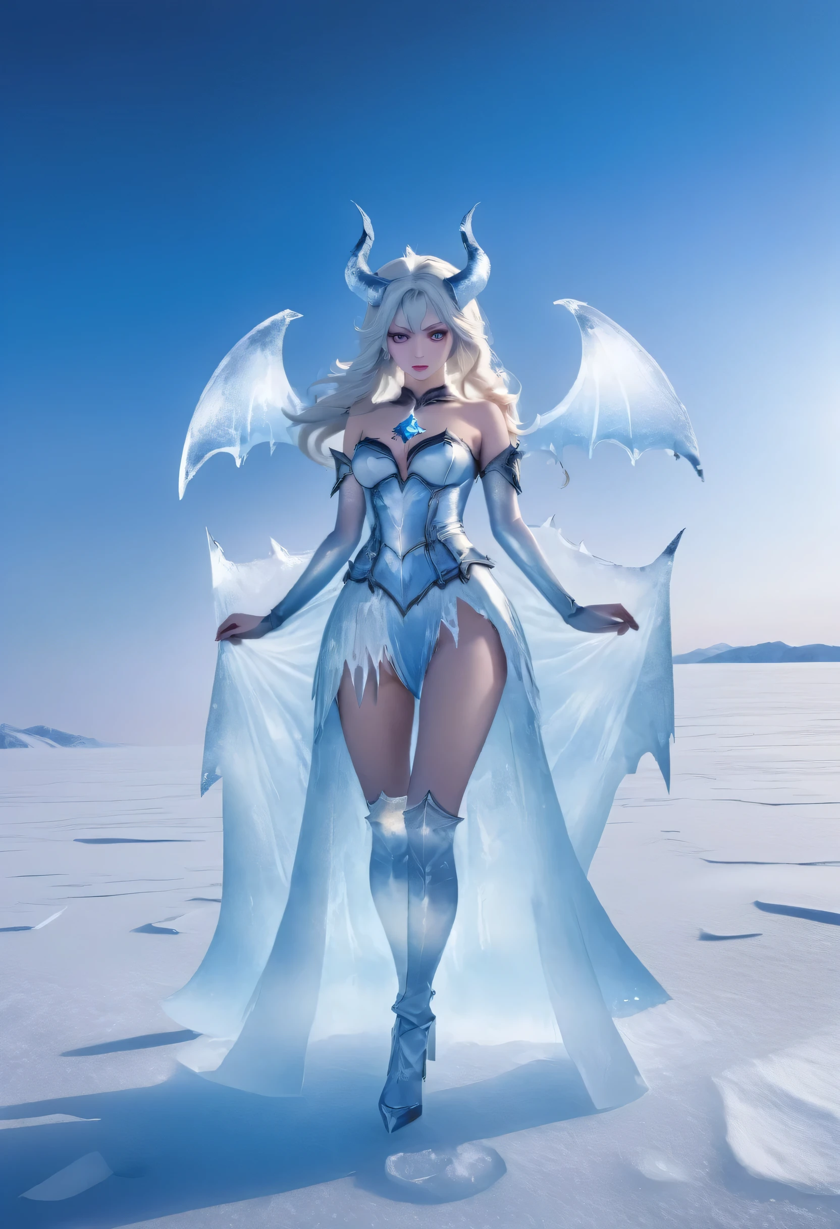 an ice female demon、Standing in the frozen snow field、Witch wearing pale armor, ((sexy costume:1)), SEXY female devil,