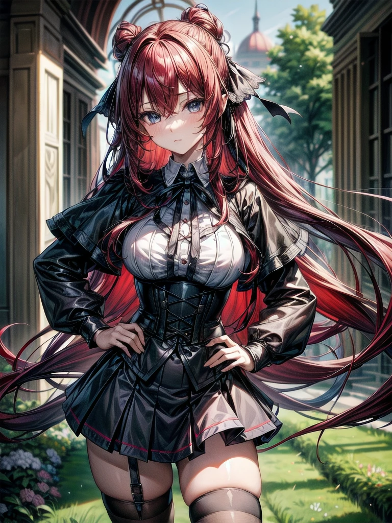 ((masterpiece, best quality)), insaneres, absurdres, solo, looking at viewer, 1girl, bangs, long hair, red hair, breasts, large breasts, blue eyes, hair between eyes, very long hair, collarbone, hair intakes, hair over breasts, black capelet, black corset, collared shirt, kuoh academy , layered skirt, underbust, , skirt, shirt, long sleeves, purple skirt, ribbon, miniskirt, neck ribbon, thighhighs, black ribbon, (contrapposto, hand on hip), depth of field, vanishing point, garden, sidelighting,