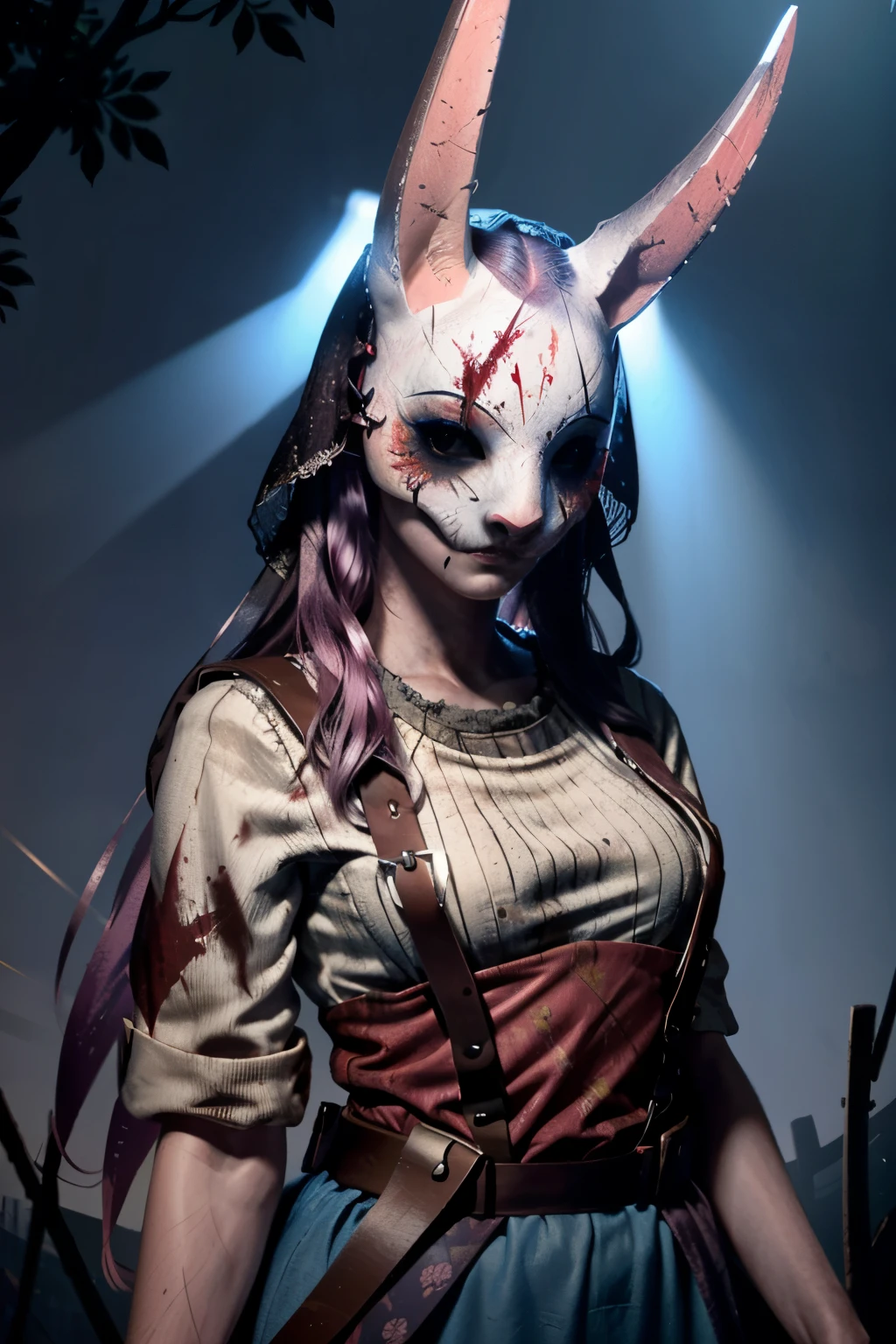 (masterpiece, best quality) HuntressDBD, 1girl, solo, long hair, looking at viewer, shirt, pink hair, holding, jewelry, upper body, weapon, horns, blood, mask, blue background, ring, fishnets, facing viewer, skull, horror (theme), sickle