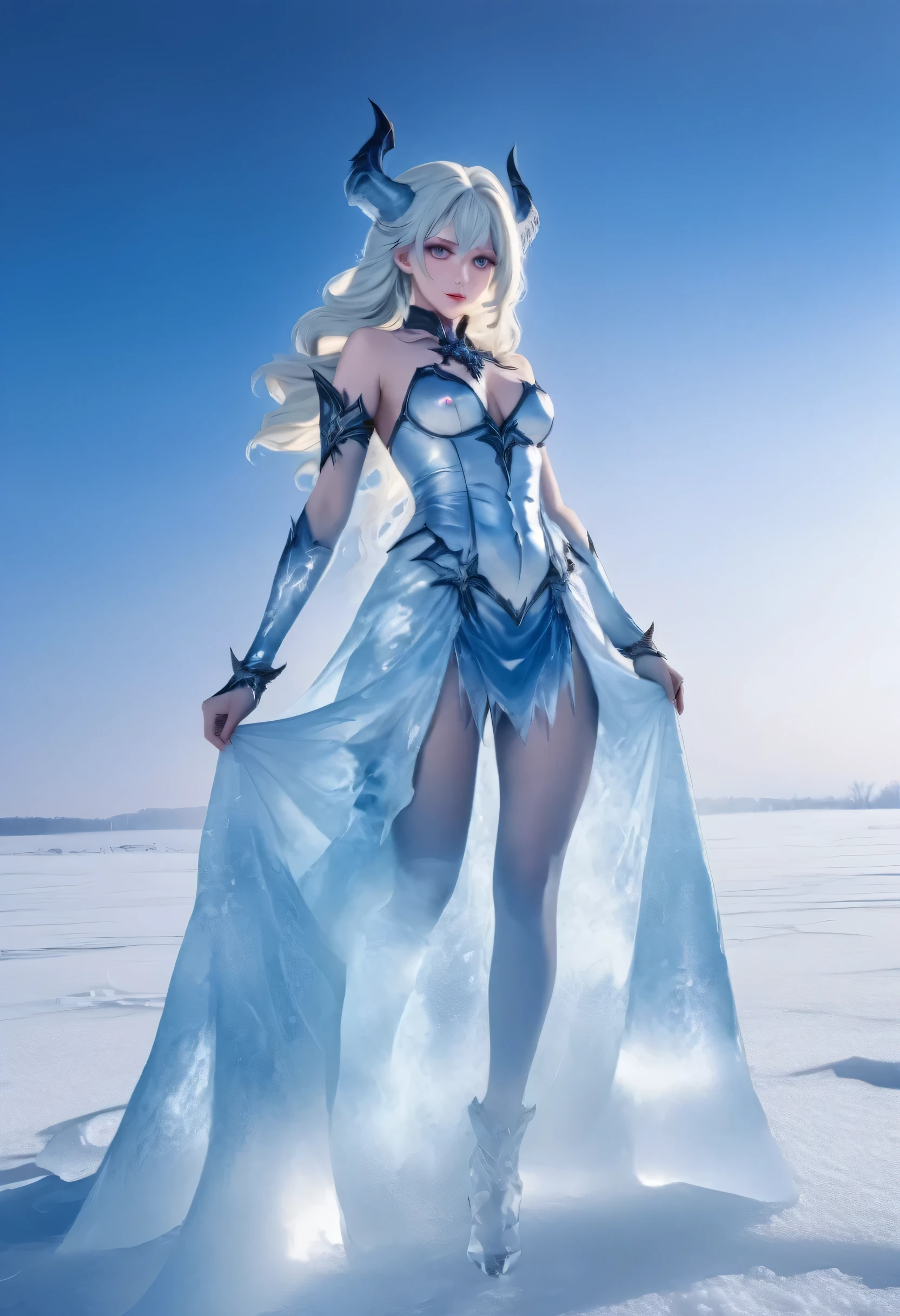 an ice female demon、Standing in the frozen snow field、Witch wearing pale armor, ((sexy costume:1)), SEXY female devil,