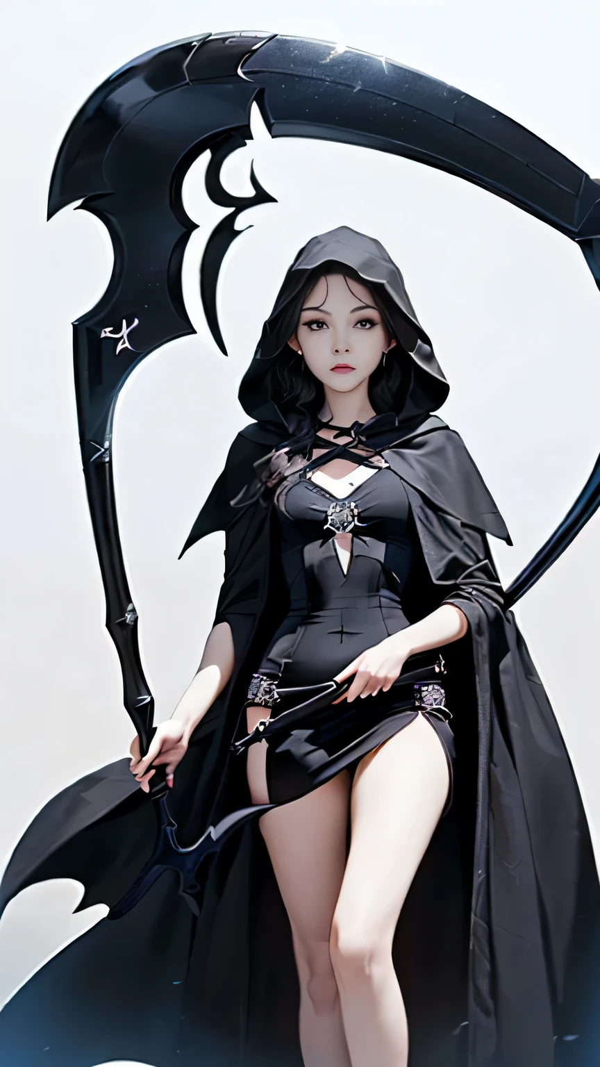 (((Masterpiece))),((top quality)),one beautiful girl,Pale, (A character that personifies the god of death: 1.5), (((young face:1.5)))、(Have a scythe:1.5)))、(belly button)、(black dress and black cloak:1.5),(plain clothes), (skin revealing),(The background is darkness 1.5).(((from the front:1.5)))、(straight front: 1.5)、(((crouch:1.5)))、