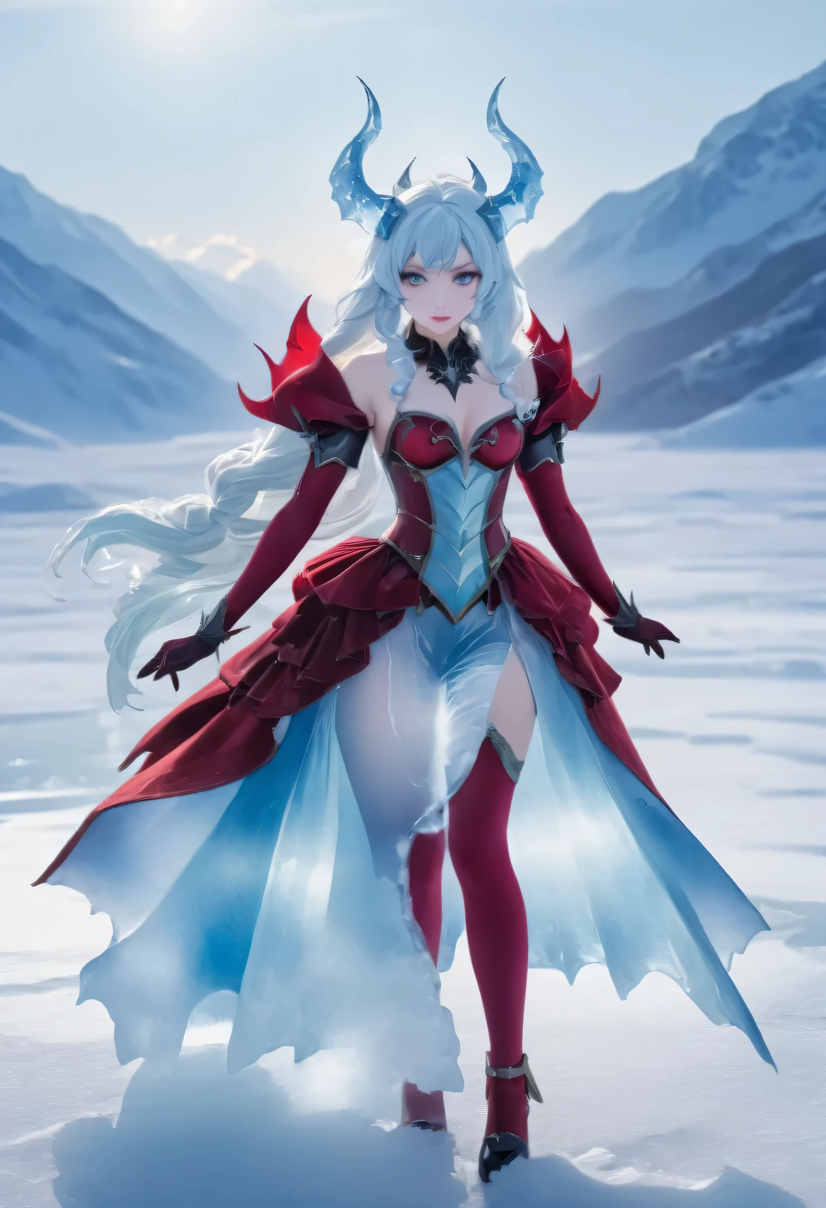 an ice female demon、Standing in the frozen snow field、Witch wearing pale armor, ((sexy costume:1)), SEXY female devil,