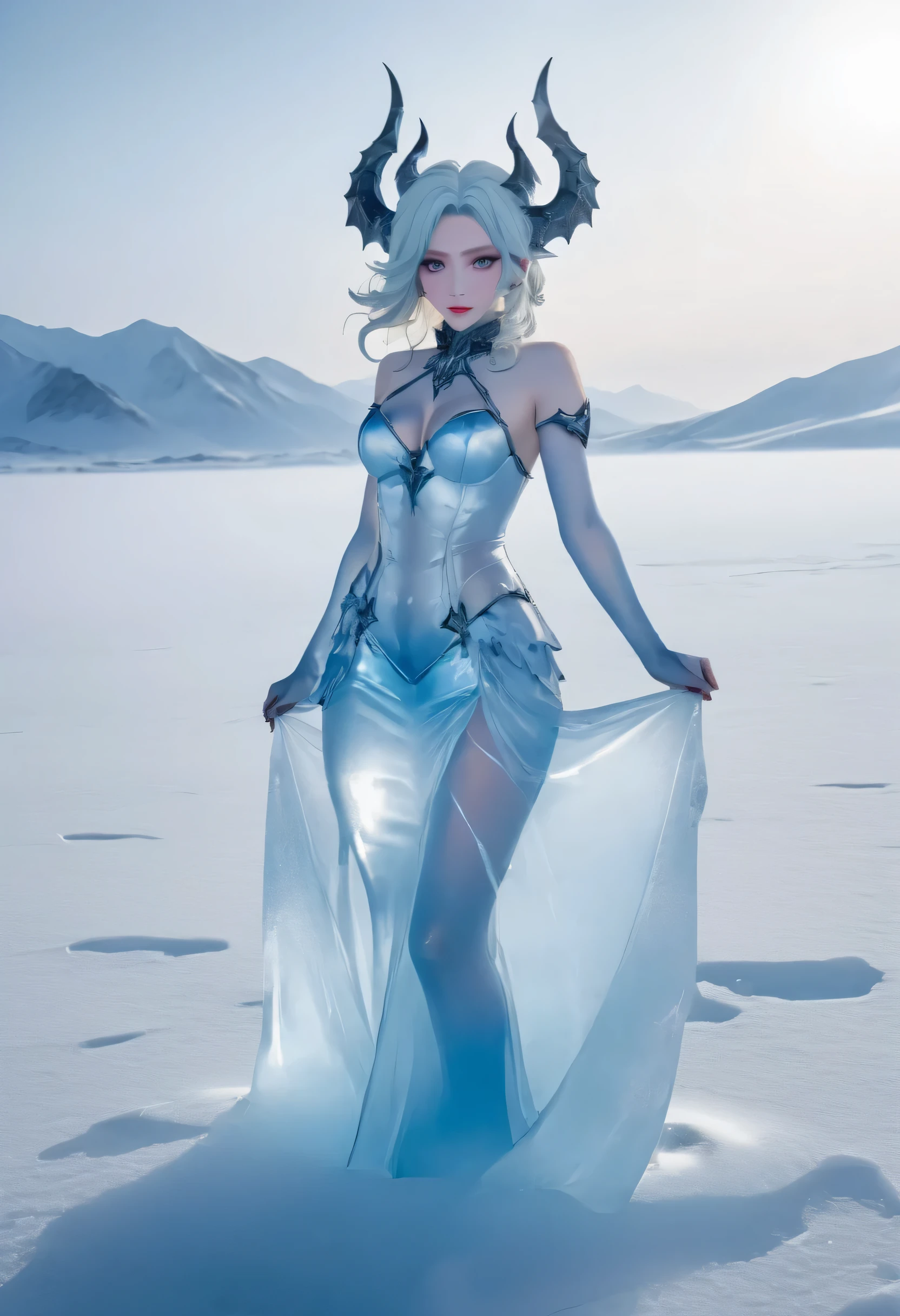 an ice female demon、Standing in the frozen snow field、Witch wearing pale armor, ((sexy costume:1)), SEXY female devil,