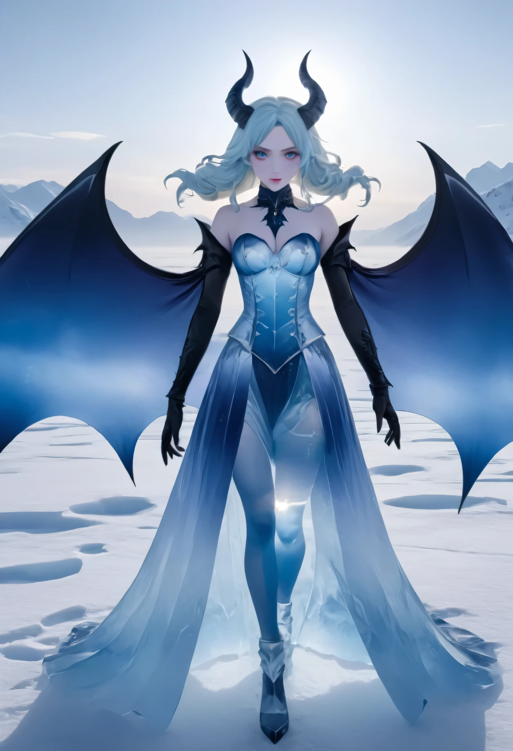 an ice female demon、Standing in the frozen snow field、Witch wearing pale armor, ((sexy costume:1)), SEXY female devil,