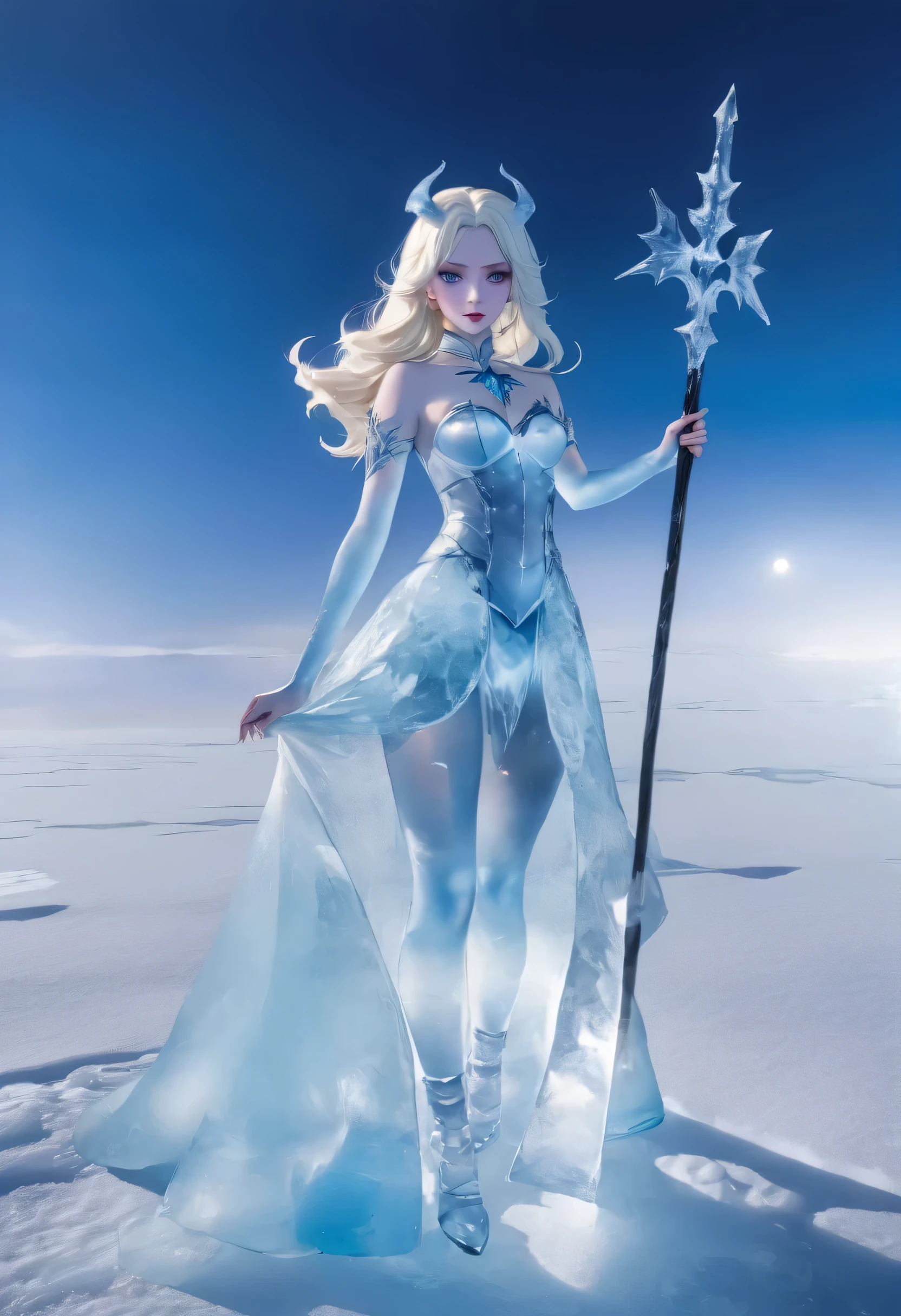 an ice female demon、Standing in the frozen snow field、Witch wearing pale armor, ((sexy costume:1)), SEXY female devil,