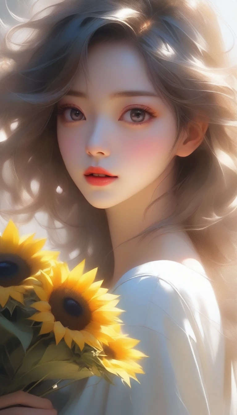 a close up of a woman holding a bouquet of flowers, beautiful sunflower anime girl, hot with shining sun, realistic cute girl painting, by Yang J, artwork in the style of guweiz, beautiful character painting, beautiful digital illustration, painting of beautiful, a beautiful artwork illustration, by Li Song, beautiful digital artwork, beautiful digital painting, guweiz