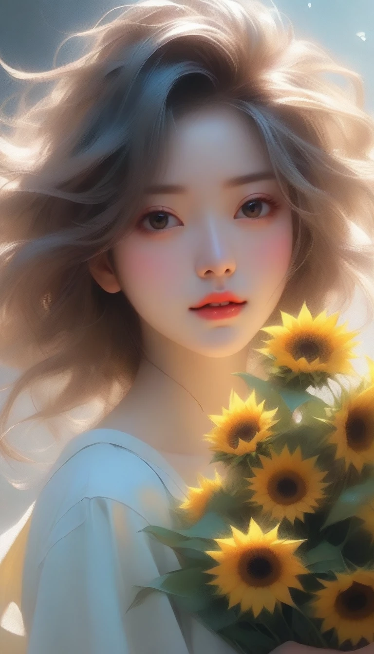 a close up of a woman holding a bouquet of flowers, beautiful sunflower anime girl, hot with shining sun, realistic cute girl painting, by Yang J, artwork in the style of guweiz, beautiful character painting, beautiful digital illustration, painting of beautiful, a beautiful artwork illustration, by Li Song, beautiful digital artwork, beautiful digital painting, guweiz
