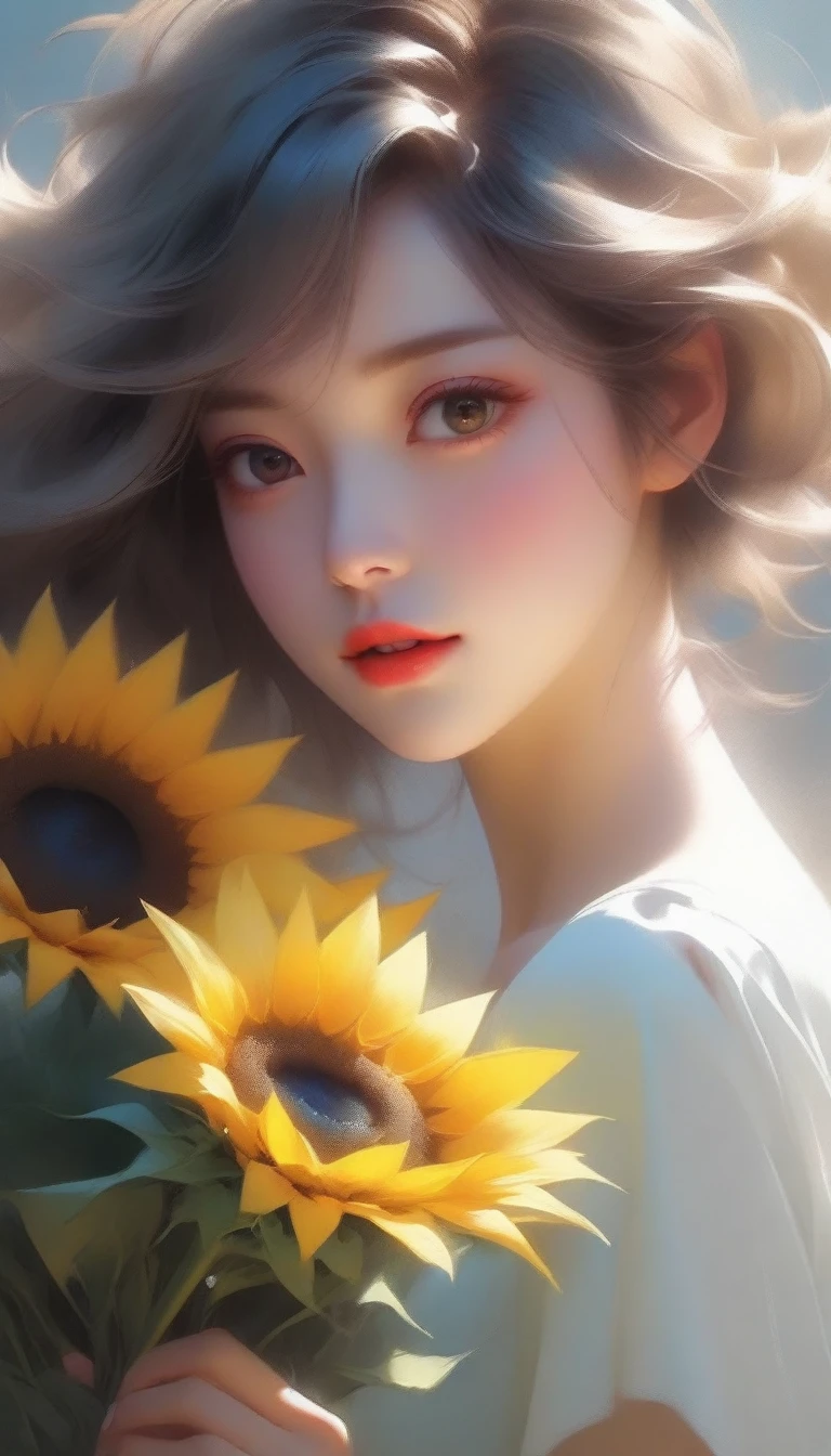 a close up of a woman holding a bouquet of flowers, beautiful sunflower anime girl, hot with shining sun, realistic cute girl painting, by Yang J, artwork in the style of guweiz, beautiful character painting, beautiful digital illustration, painting of beautiful, a beautiful artwork illustration, by Li Song, beautiful digital artwork, beautiful digital painting, guweiz