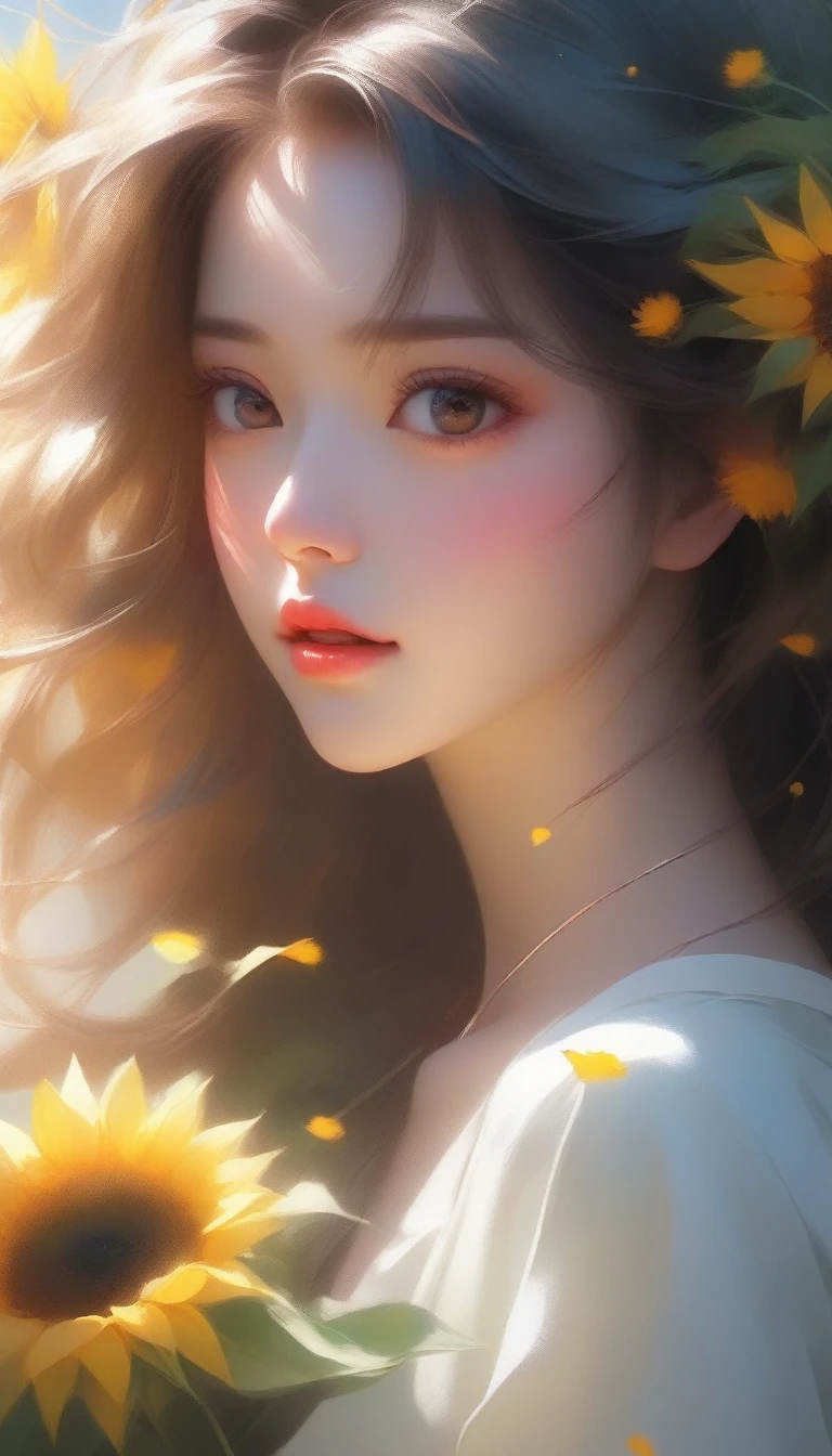 a close up of a woman holding a bouquet of flowers, beautiful sunflower anime girl, hot with shining sun, realistic cute girl painting, by Yang J, artwork in the style of guweiz, beautiful character painting, beautiful digital illustration, painting of beautiful, a beautiful artwork illustration, by Li Song, beautiful digital artwork, beautiful digital painting, guweiz
