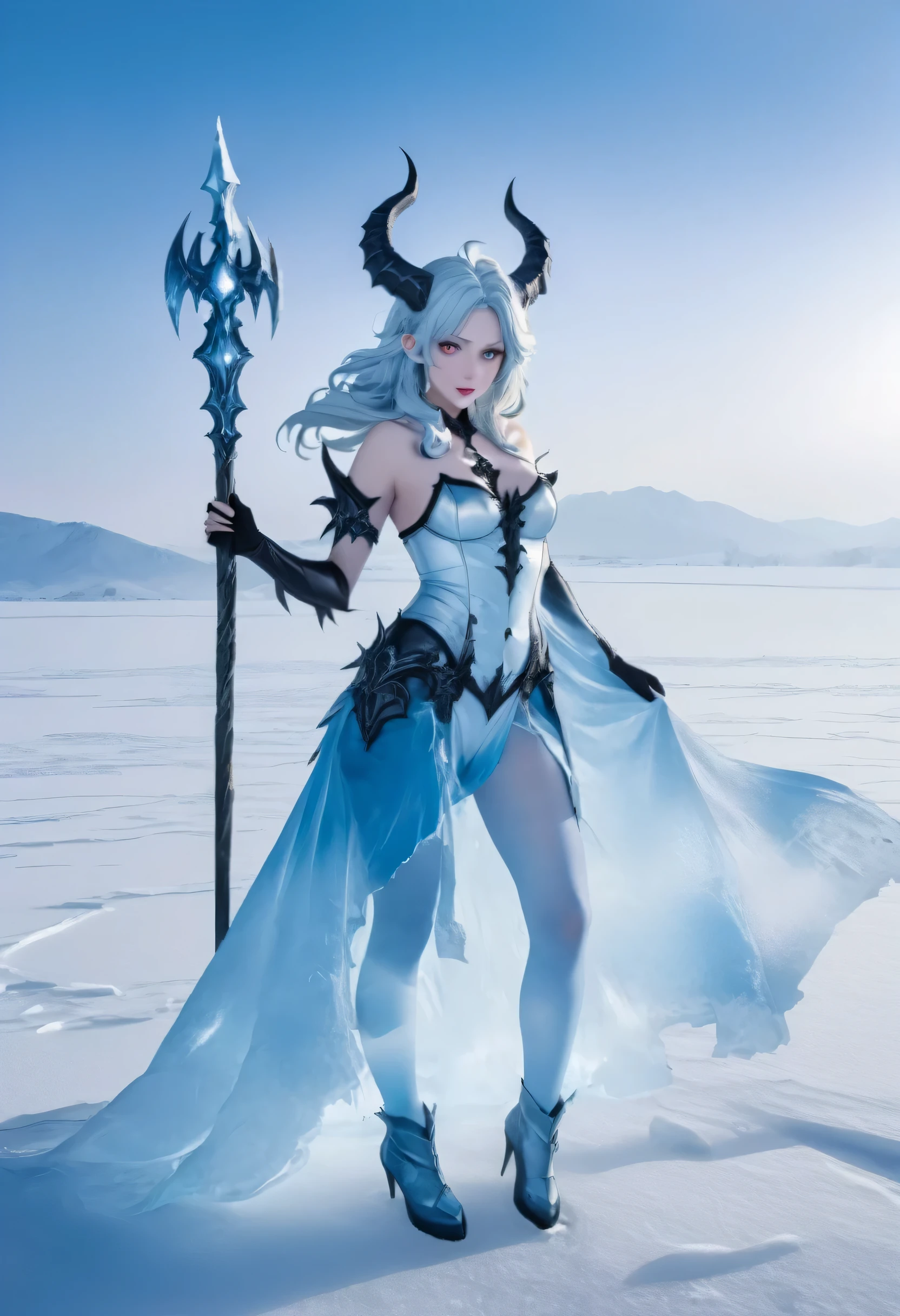 an ice female demon、Standing in the frozen snow field、Witch wearing pale armor, ((sexy costume:1)), SEXY female devil,