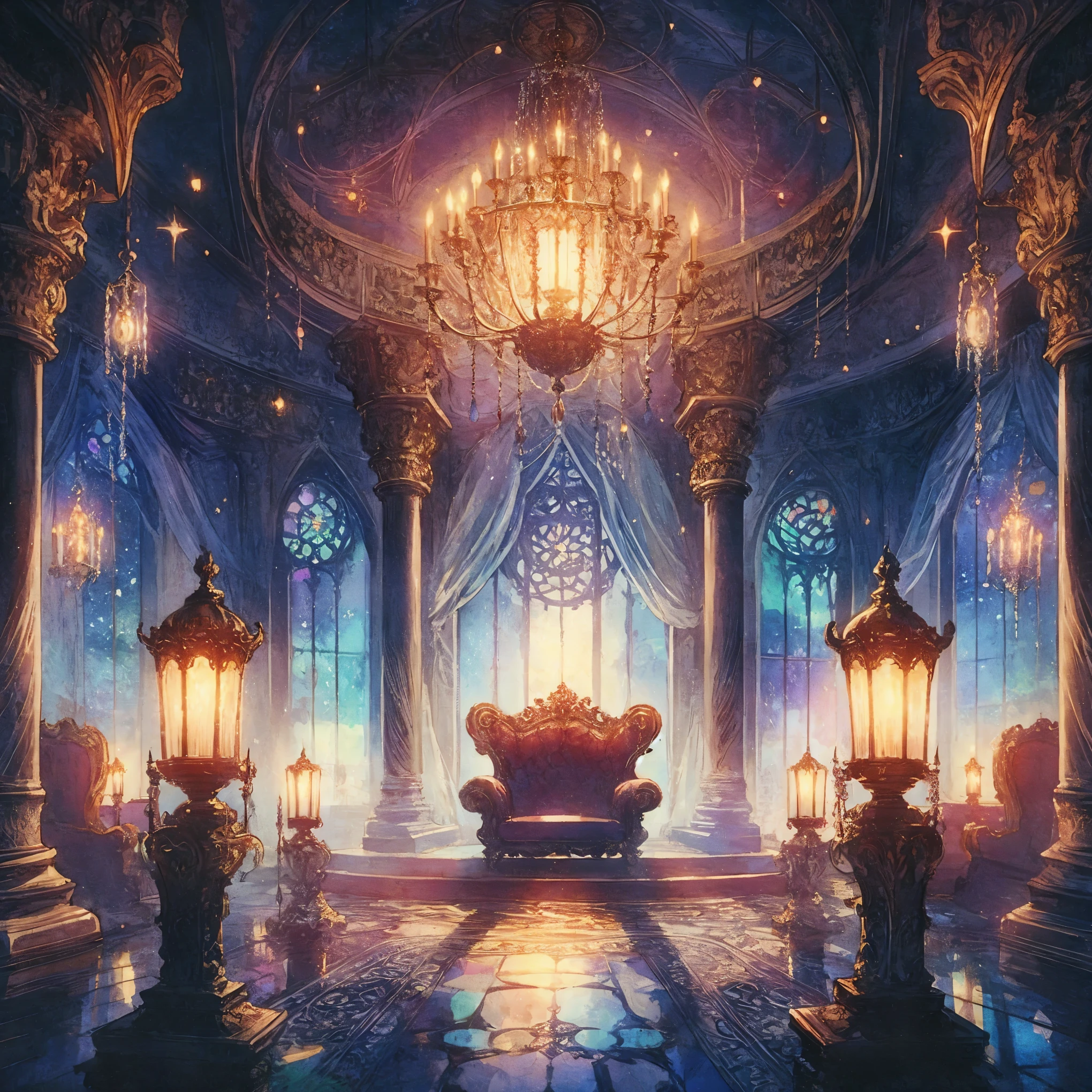 a large room with a chandelier and a throne in it, magical atmosphere + masterpiece, fantasy gorgeous lighting, decadent throne room, magical atmosphere, magical concept art, elegant cinematic fantasy art, light kingdom backdrop, concept art stunning atmosphere, lying a throne in a fantasy land, magical environment, exquisitely designed throne room, inspired by gaston bussiere, beautiful render of a fairytale