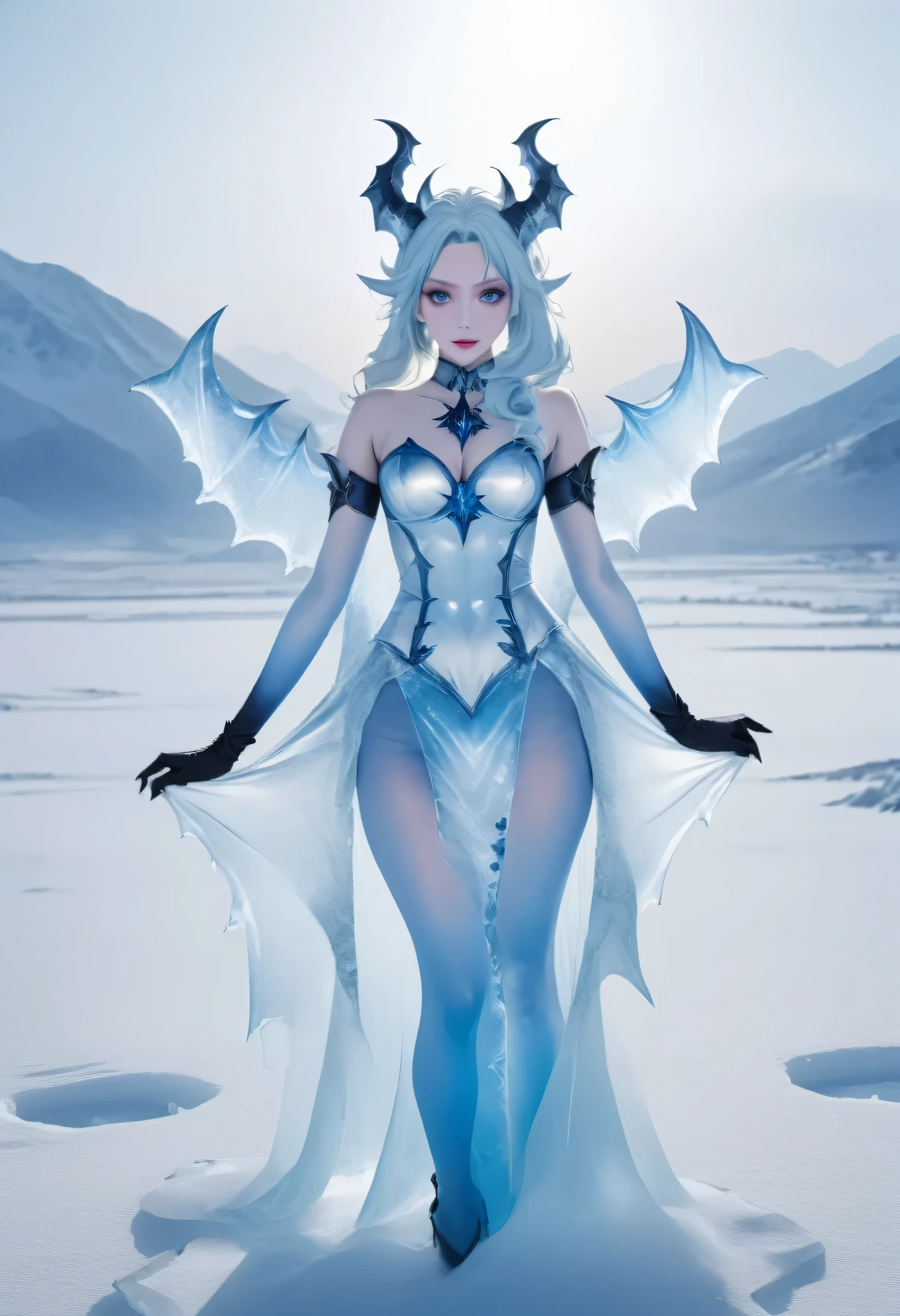 an ice female demon、Standing in the frozen snow field、Witch wearing pale armor, ((sexy costume:1)), SEXY female devil,