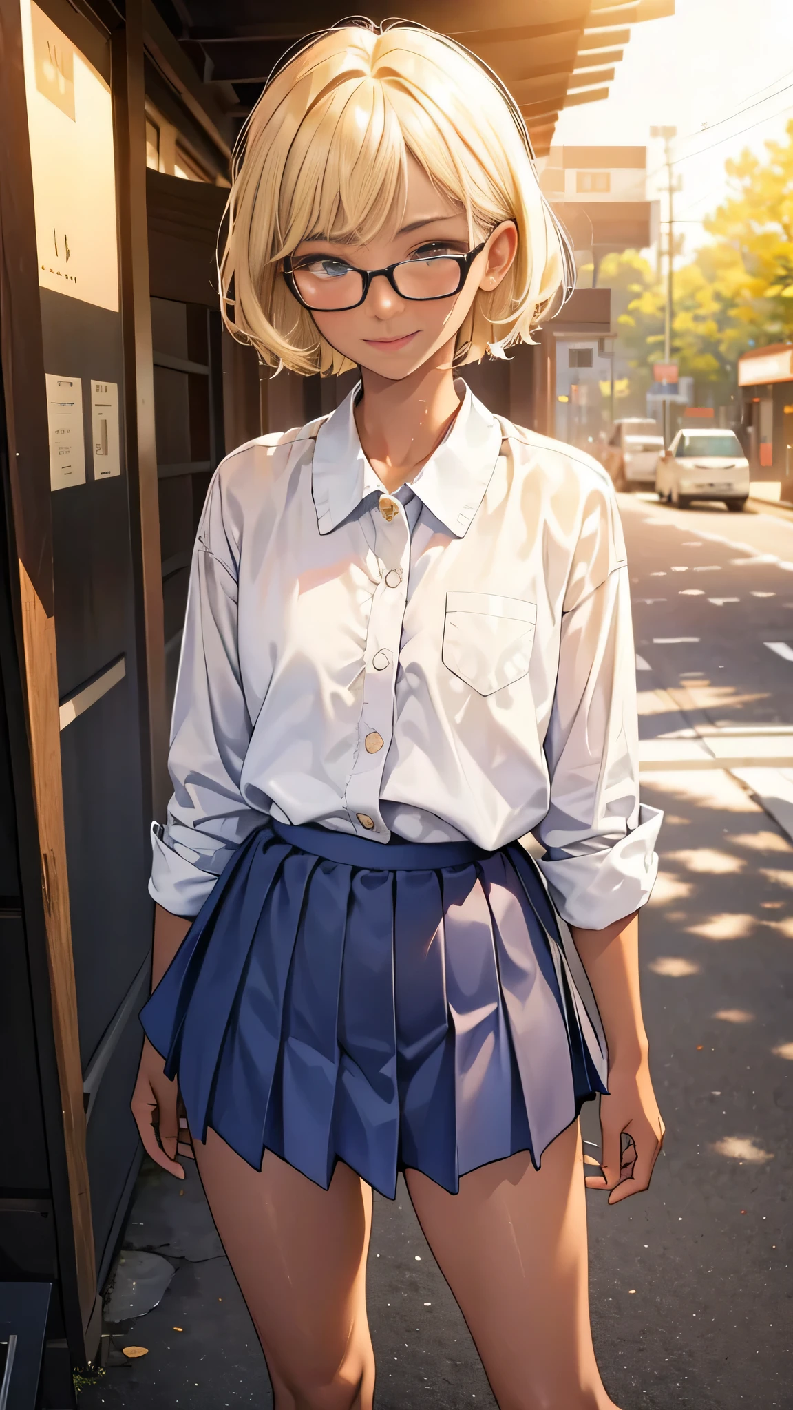 (super flat, flat shading), Honors Type, Really blushing, ************, cute school girl, Short bob cut blonde hair, Glasses, (((sun burn dark skin))), sweaty healthy body, mesugaki smile, , bare legs, loafers, ultra realistic, early morning, standing in crowded street, skirt lift by self, white panties, stained panties, pee stained panties