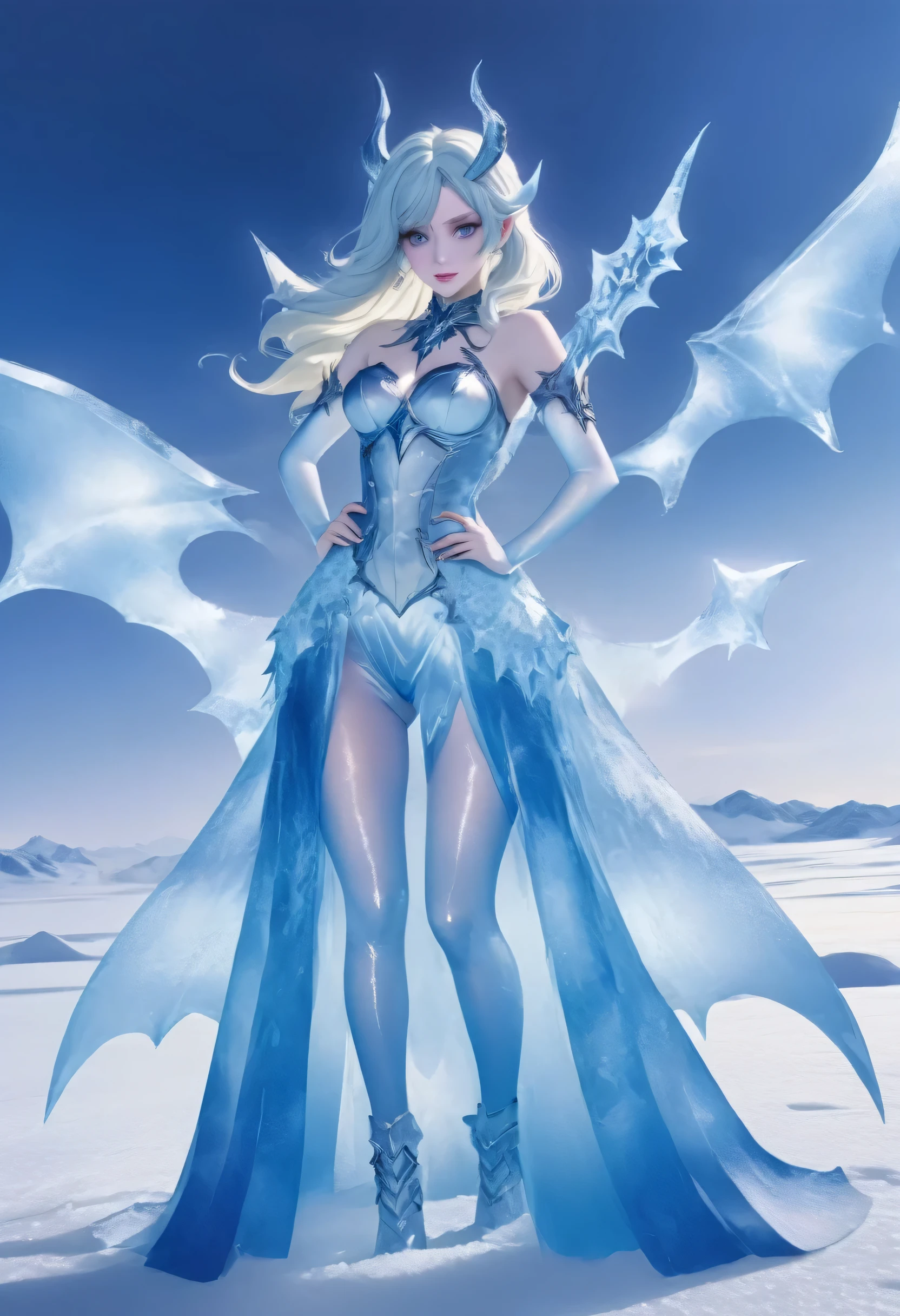 an ice female demon、Standing in the frozen snow field、Witch wearing pale armor, ((sexy costume:1)), SEXY female devil,