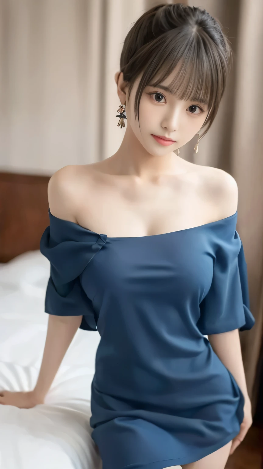 (table top)、(High resolution)、(highest quality、8K、masterpiece) 、20-year-old、、(8 beautiful girls with outstanding style:1.3)、(Bed in a hotel near a metropolitan station)、(Delivery Health has arrived:1.3)、(looking at the camera:1.6)、(erotic expression:1.8)、(whole body:1.5)、medium breasts、cleavage、(Neat off-shoulder flare dress:1.5)、(Moderate chest exposure)、loafers、cute earrings、high ponytail