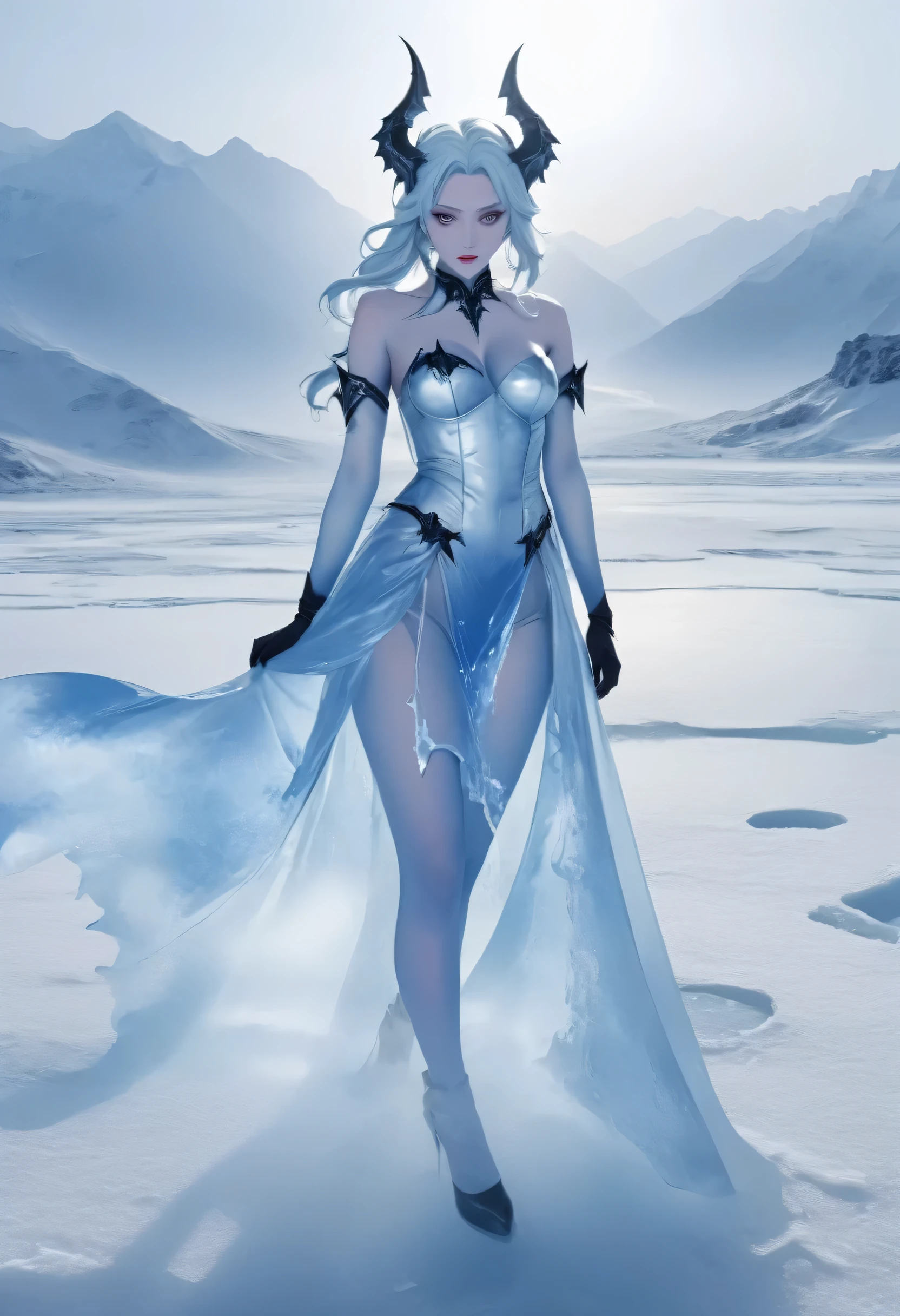 an ice female demon、Standing in the frozen snow field、Witch wearing pale armor, ((sexy costume:1)), SEXY female devil,