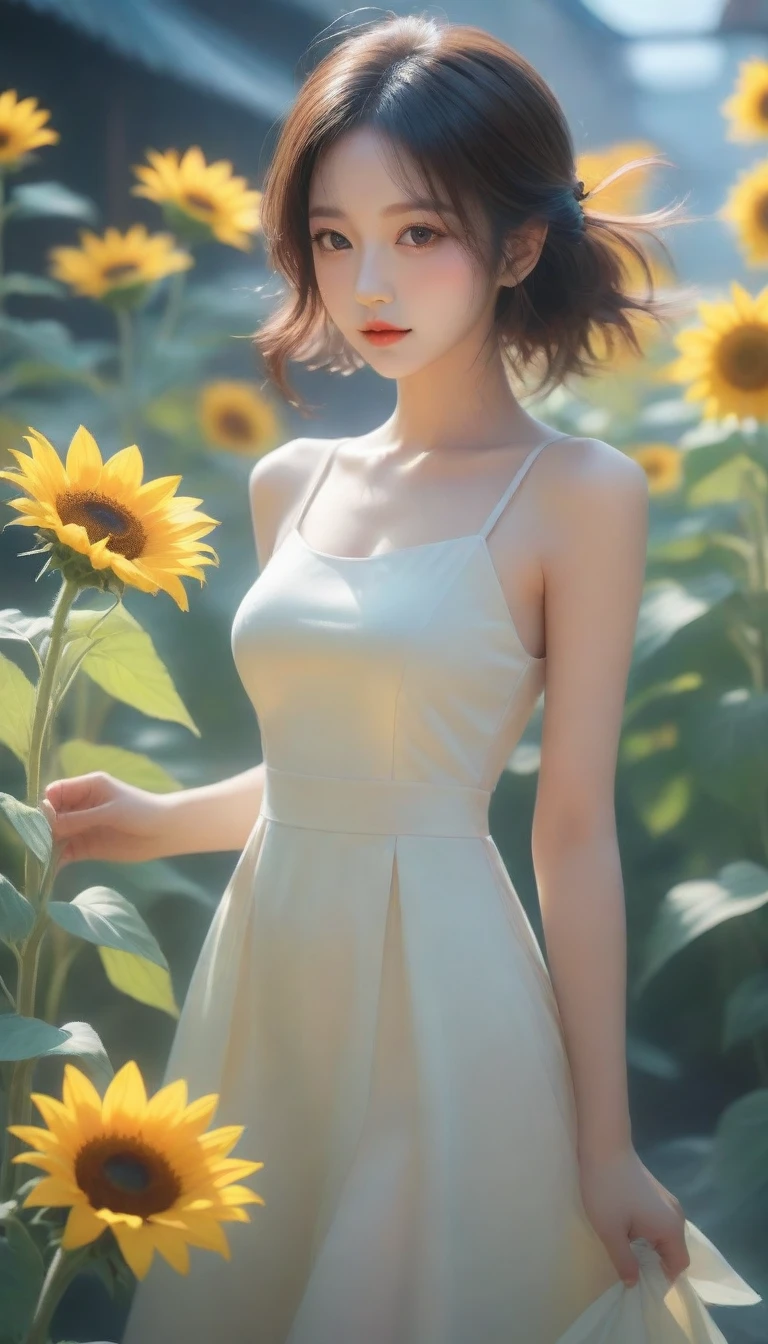 a close up of a woman holding a bouquet of flowers, beautiful sunflower anime girl, hot with shining sun, realistic cute girl painting, by Yang J, artwork in the style of guweiz, beautiful character painting, beautiful digital illustration, painting of beautiful, a beautiful artwork illustration, by Li Song, beautiful digital artwork, beautiful digital painting, guweiz