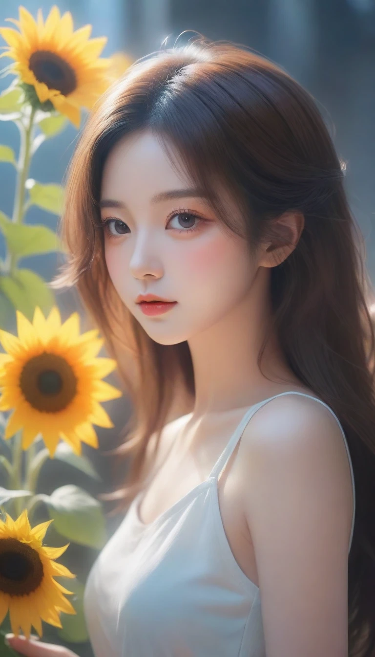 a close up of a woman holding a bouquet of flowers, beautiful sunflower anime girl, hot with shining sun, realistic cute girl painting, by Yang J, artwork in the style of guweiz, beautiful character painting, beautiful digital illustration, painting of beautiful, a beautiful artwork illustration, by Li Song, beautiful digital artwork, beautiful digital painting, guweiz