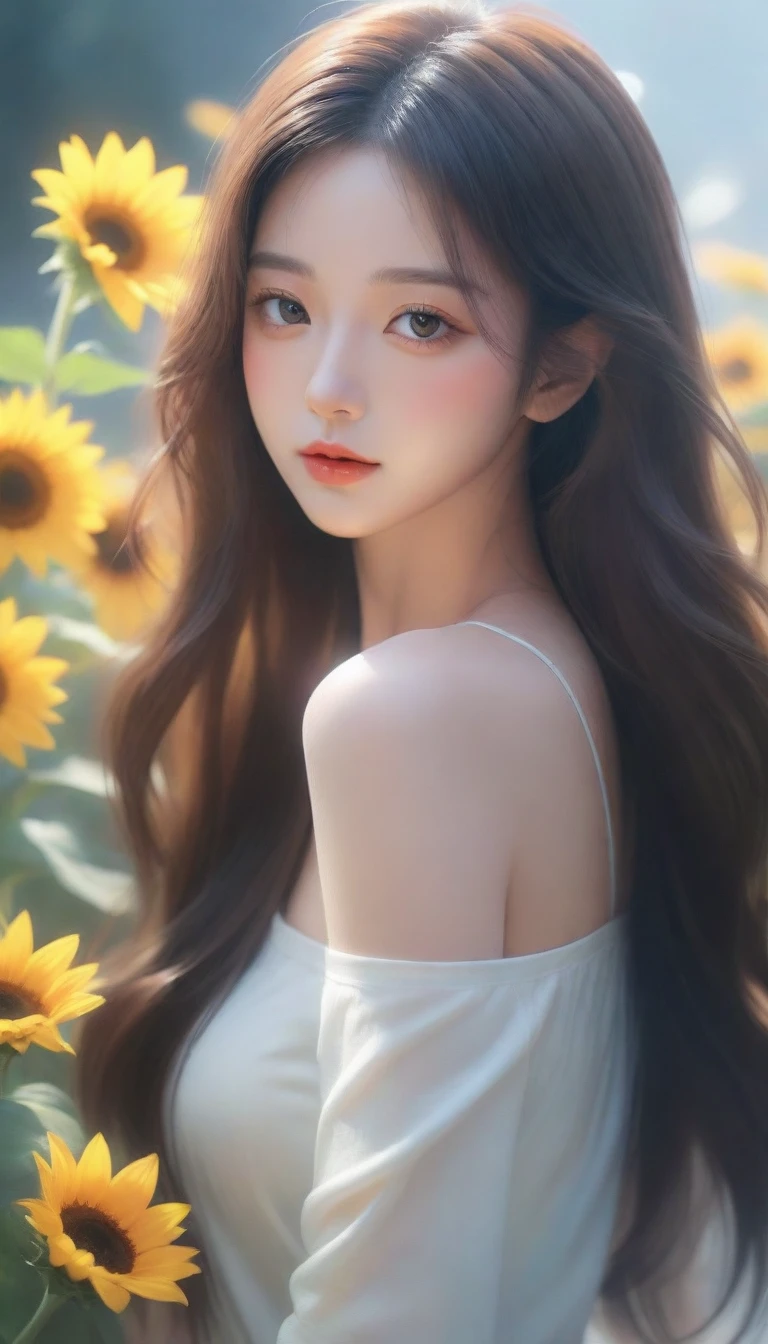 a close up of a woman holding a bouquet of flowers, beautiful sunflower anime girl, hot with shining sun, realistic cute girl painting, by Yang J, artwork in the style of guweiz, beautiful character painting, beautiful digital illustration, painting of beautiful, a beautiful artwork illustration, by Li Song, beautiful digital artwork, beautiful digital painting, guweiz