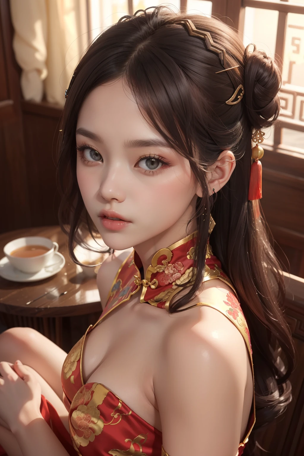 ((best quality)), ((masterpiece)), (detailed), A couple of girlfriends with perfect faces are sitting together,squint:1.4,Taoism,single bun,(Wearing a Chinese hairpin on the head:1.5),Use mahogany hairpins,(transparent clothes),squint:1.4,Revealing translucent lace,(ulzzang-6500-v1.3,pure face_v1,octane rendering),elegant posture,xxmix girl woman,Perfect composition golden ratio, masterpiece, best quality, 4K, sharp focus. better hands, perfect anatomy.full-body shot