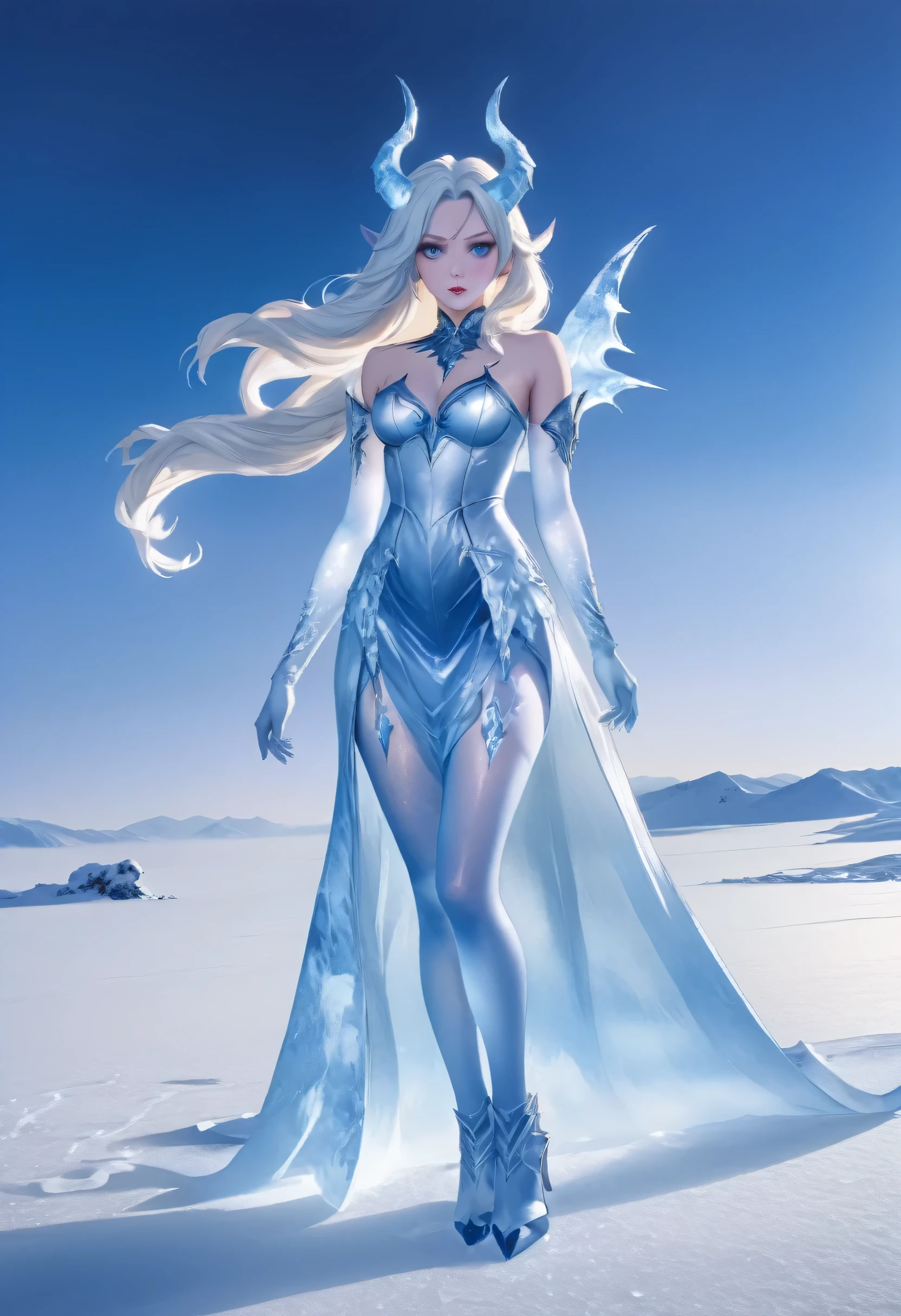 an ice female demon、Standing in the frozen snow field、Witch wearing pale armor, ((sexy costume:1)), SEXY female devil,