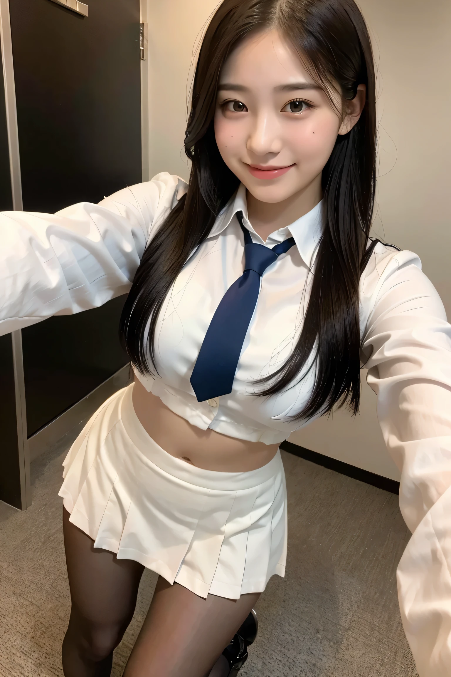 ((realistic lighting, highest quality, 8K, masterpiece, medium shot: 1.3)), clear focus: 1.2, 1 girl, perfect figure: 1.4, plump bust,((long black hair)),((With bangs)), (white blouse worn by high school girls:1.4）,The whole delicate breast leaks out,In the classroom with a blackboard background, Sitting at a desk at school,moderately thin calves,moderately thin thighs,exposed thighs,navy blue ankle socks,
BREAK　Black loafers worn by high school girls,Even your toes are reflected in the angle of view,super detailed face, double eyelid,Navy pleated miniskirt worn by high school girls,
BREAK　Taking a selfie with a black smartphone in my left hand,Your face is hidden by your smartphone、supporting the body with the right hand、(spread legs:1.3),(((pulling toes toward body))))、((((Panties are visible from inside the skirt))))、(white lace panties)、(Please tilt your head slightly)
