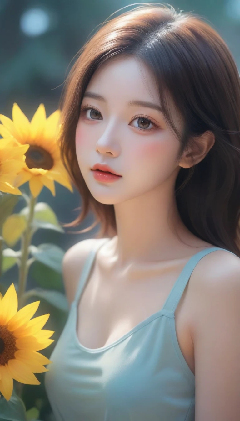 a close up of a woman holding a bouquet of flowers, beautiful sunflower anime girl, hot with shining sun, realistic cute girl painting, by Yang J, artwork in the style of guweiz, beautiful character painting, beautiful digital illustration, painting of beautiful, a beautiful artwork illustration, by Li Song, beautiful digital artwork, beautiful digital painting, guweiz