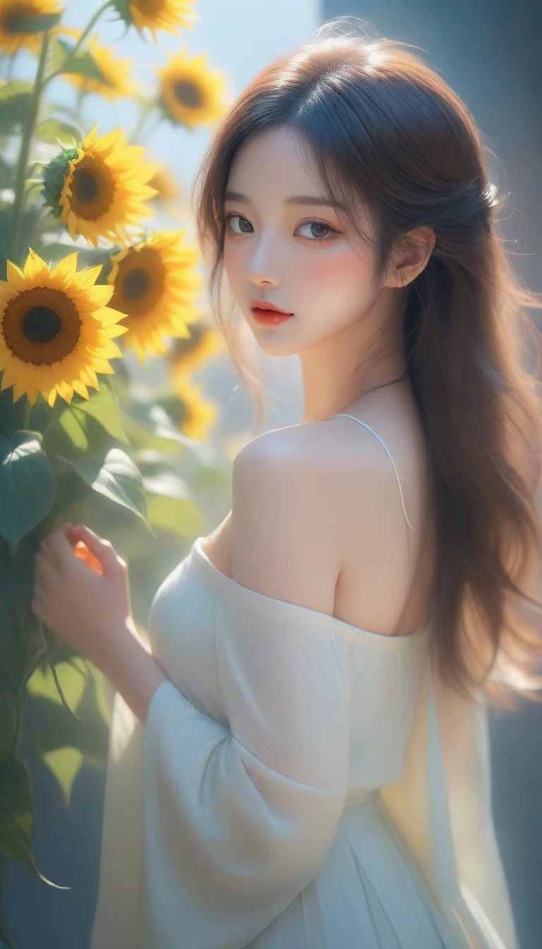 a close up of a woman holding a bouquet of flowers, beautiful sunflower anime girl, hot with shining sun, realistic cute girl painting, by Yang J, artwork in the style of guweiz, beautiful character painting, beautiful digital illustration, painting of beautiful, a beautiful artwork illustration, by Li Song, beautiful digital artwork, beautiful digital painting, guweiz