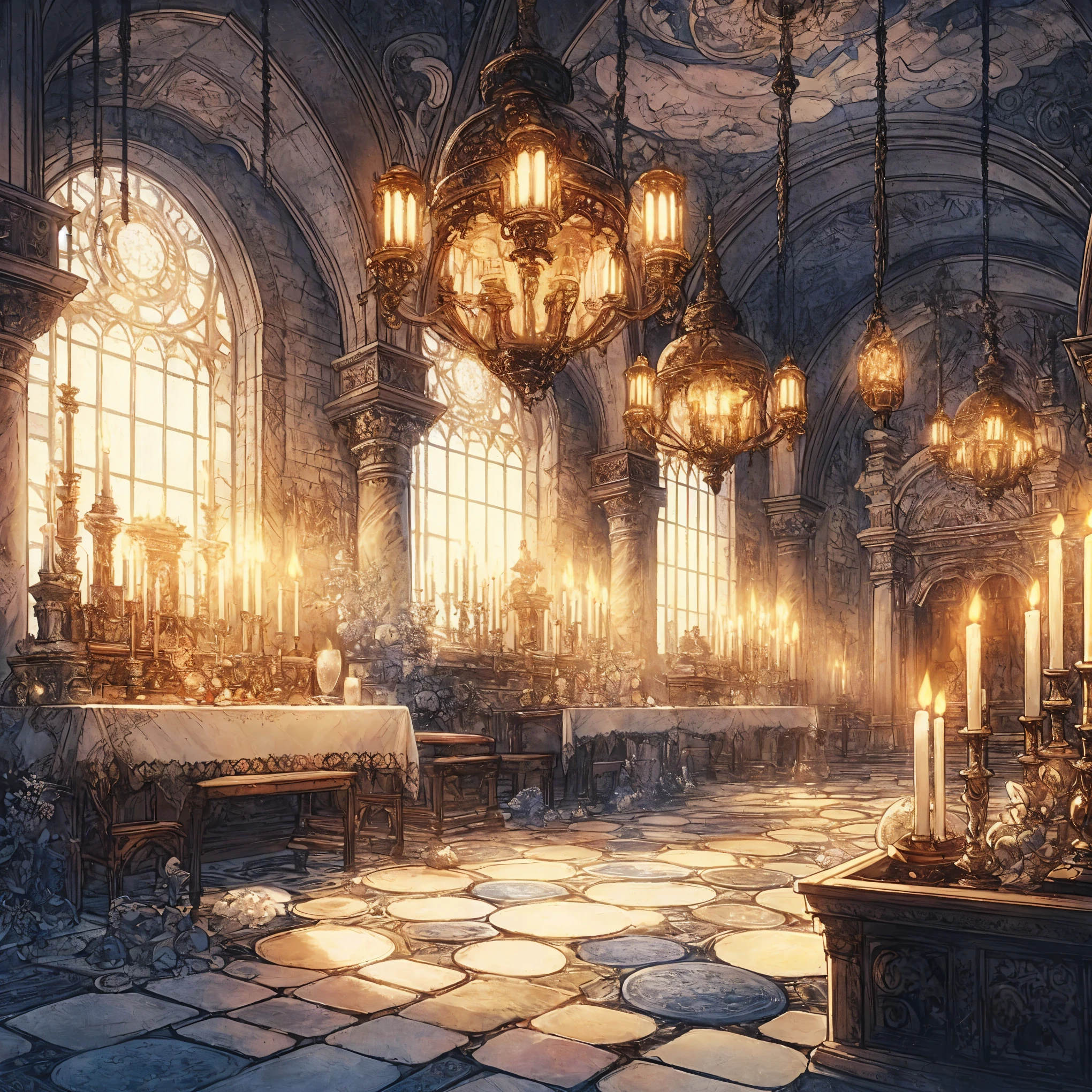 there is a room with a table and a bunch of candles, fantasy atmospheric lighting, gothic epic library concept, gothic epic library, elegant cinematic fantasy art, concept art stunning atmosphere, unreal engine fantasy art, magical concept art, fantasy gorgeous lighting, beautiful concept art, dark majestic ornate great hall, magical atmosphere, dramatic lighting. concept art, intricate castle interior