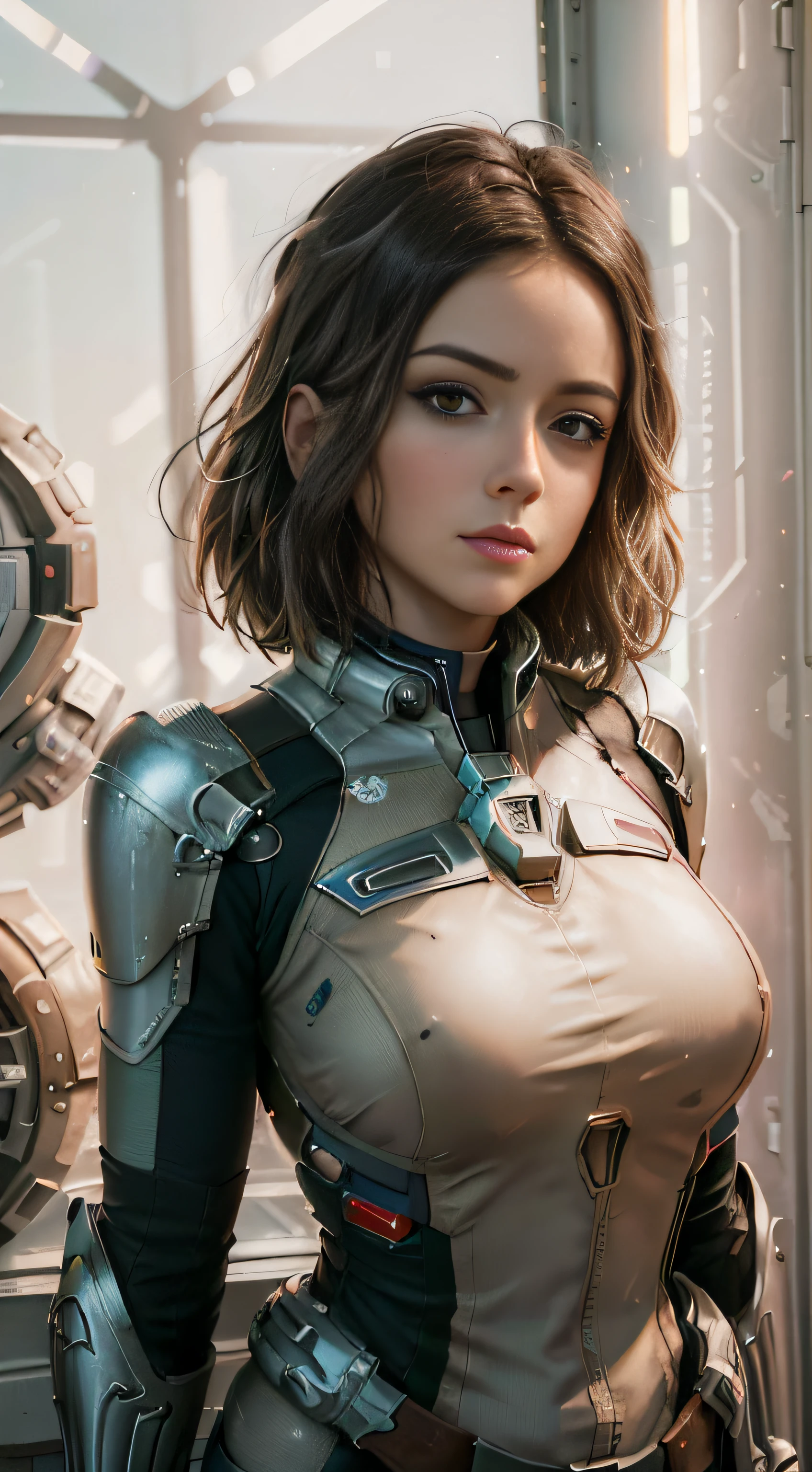 Daisy Jhonson as the captain of a spaceship, looking into space through a glass window, (inspired by Mass Effect), an armor, armpit, (8k, foto RAW, fotorrealista: 1, 25), (muito brilho labial, lots of eyelashes, melhor qualidade, Ultra high resolution, Profundidade de Campo, Chromatic aberration, Luz Ampla, Cor Natural, distant images (1:2)