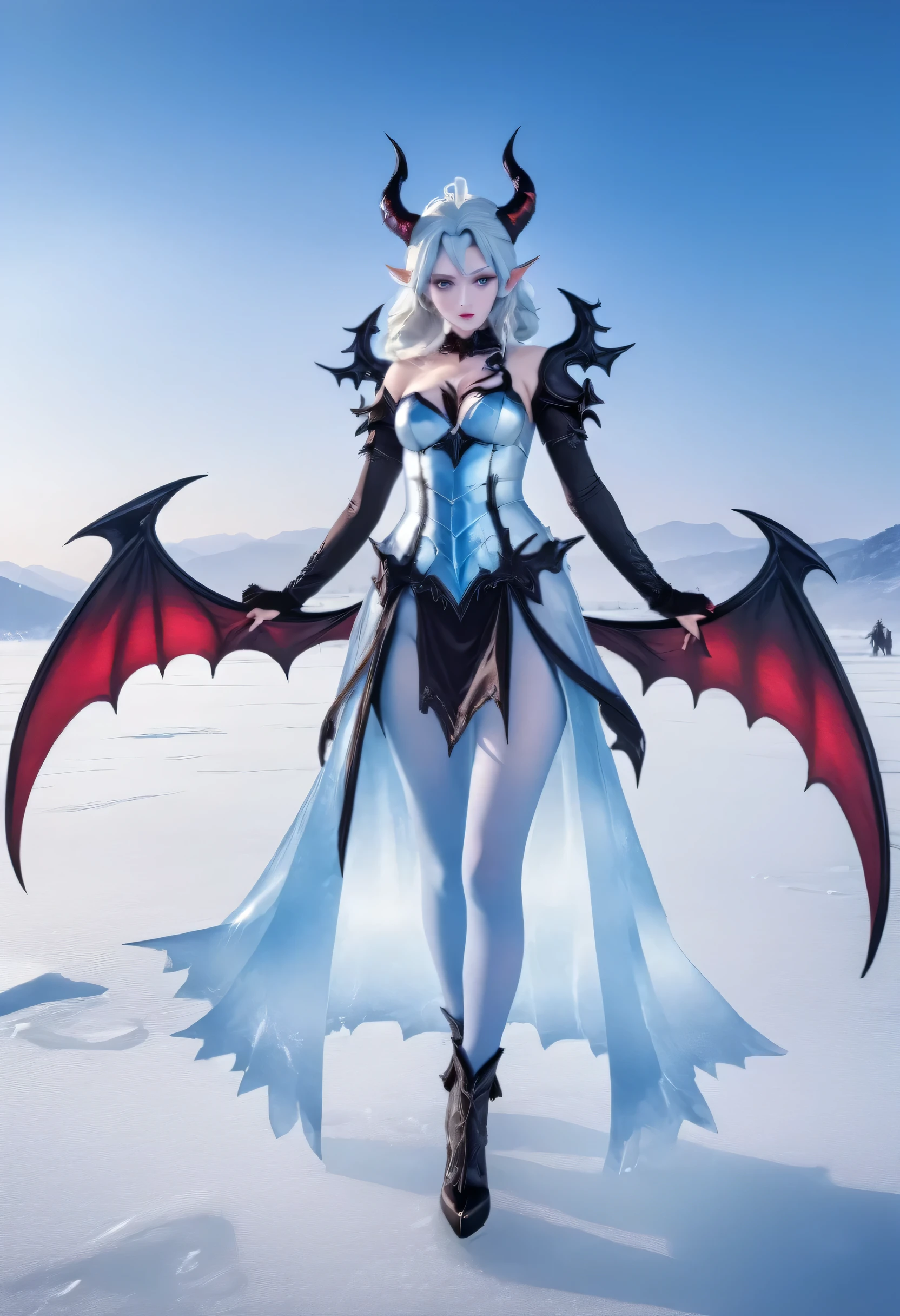 an ice female demon、Standing in the frozen snow field、Witch wearing pale armor, ((sexy costume:1)), SEXY female devil,