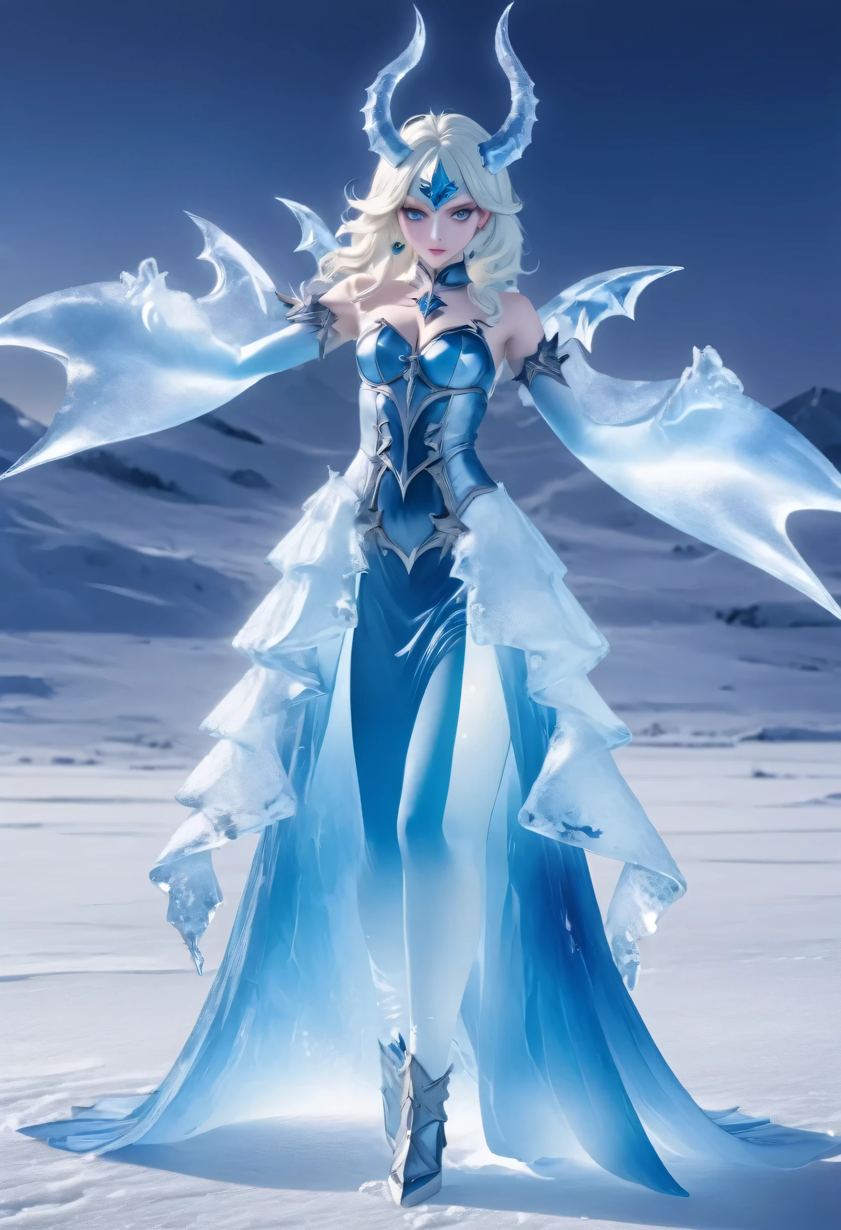 an ice female demon、Standing in the frozen snow field、Witch wearing pale armor, ((sexy costume:1)), SEXY female devil,